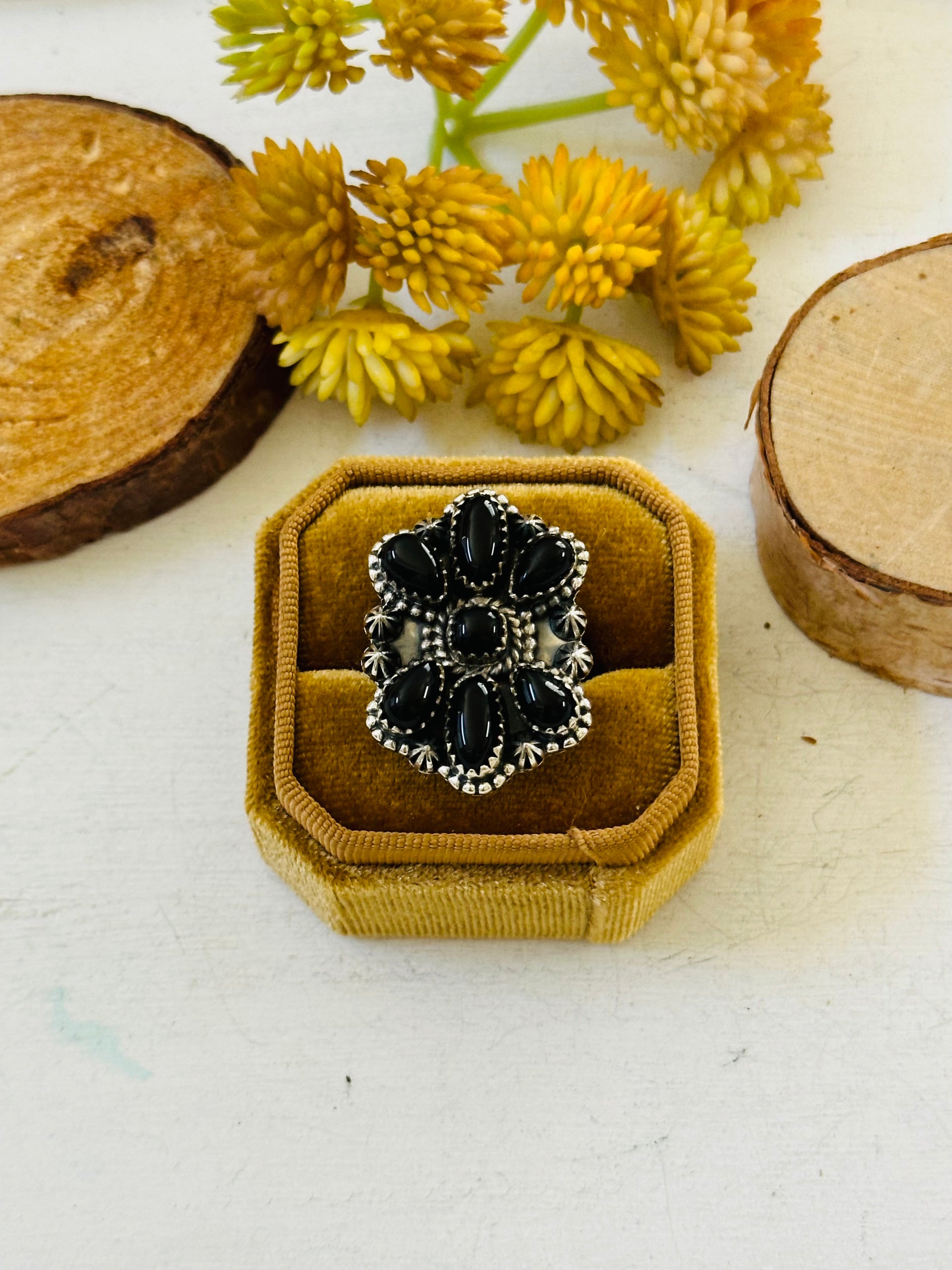 TTD “Sky Cascade” Onyx & Sterling Silver Adjustable Cluster Ring
