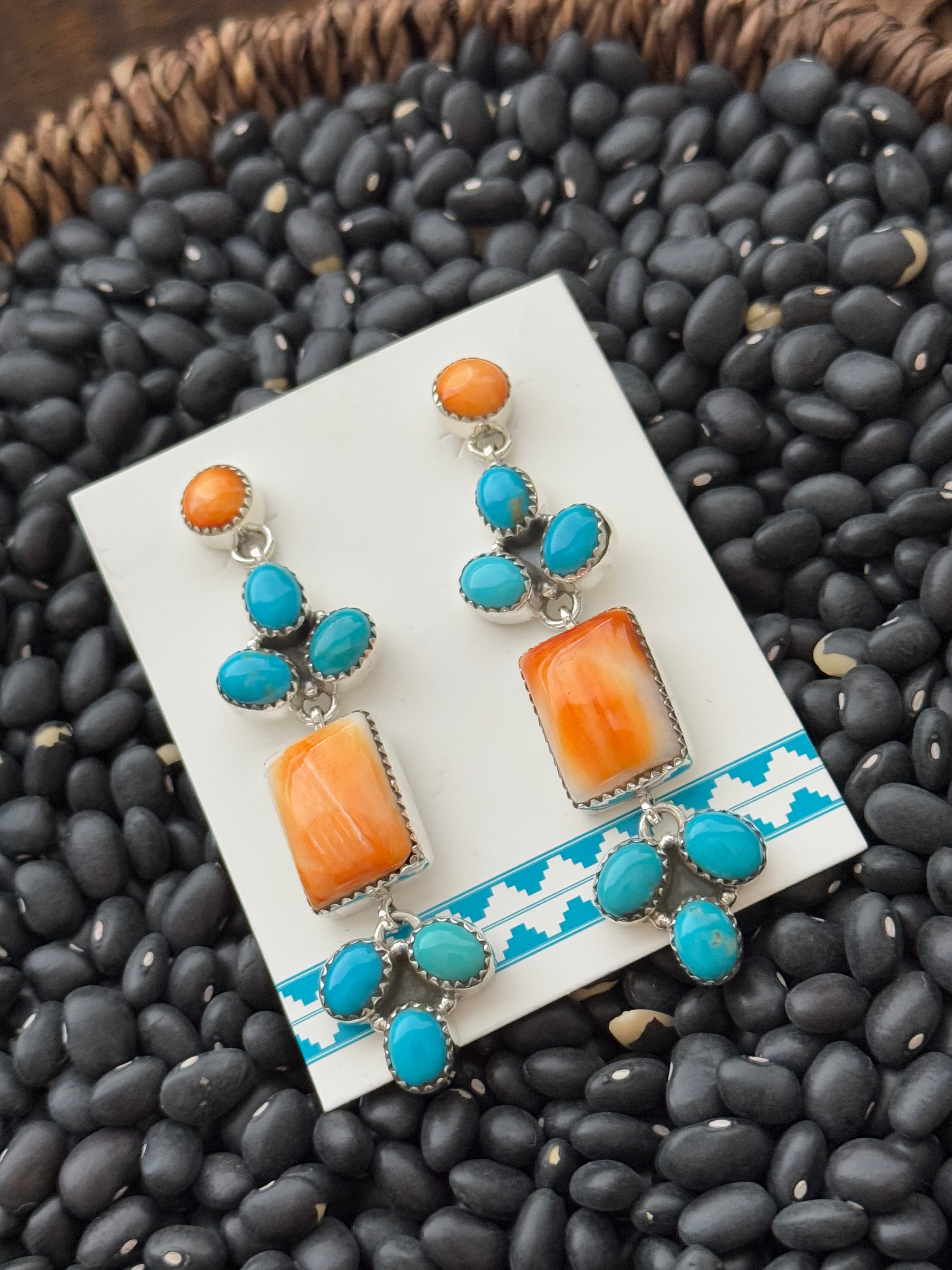 Navajo Made Multi Stone & Sterling Silver Post Dangle Earrings