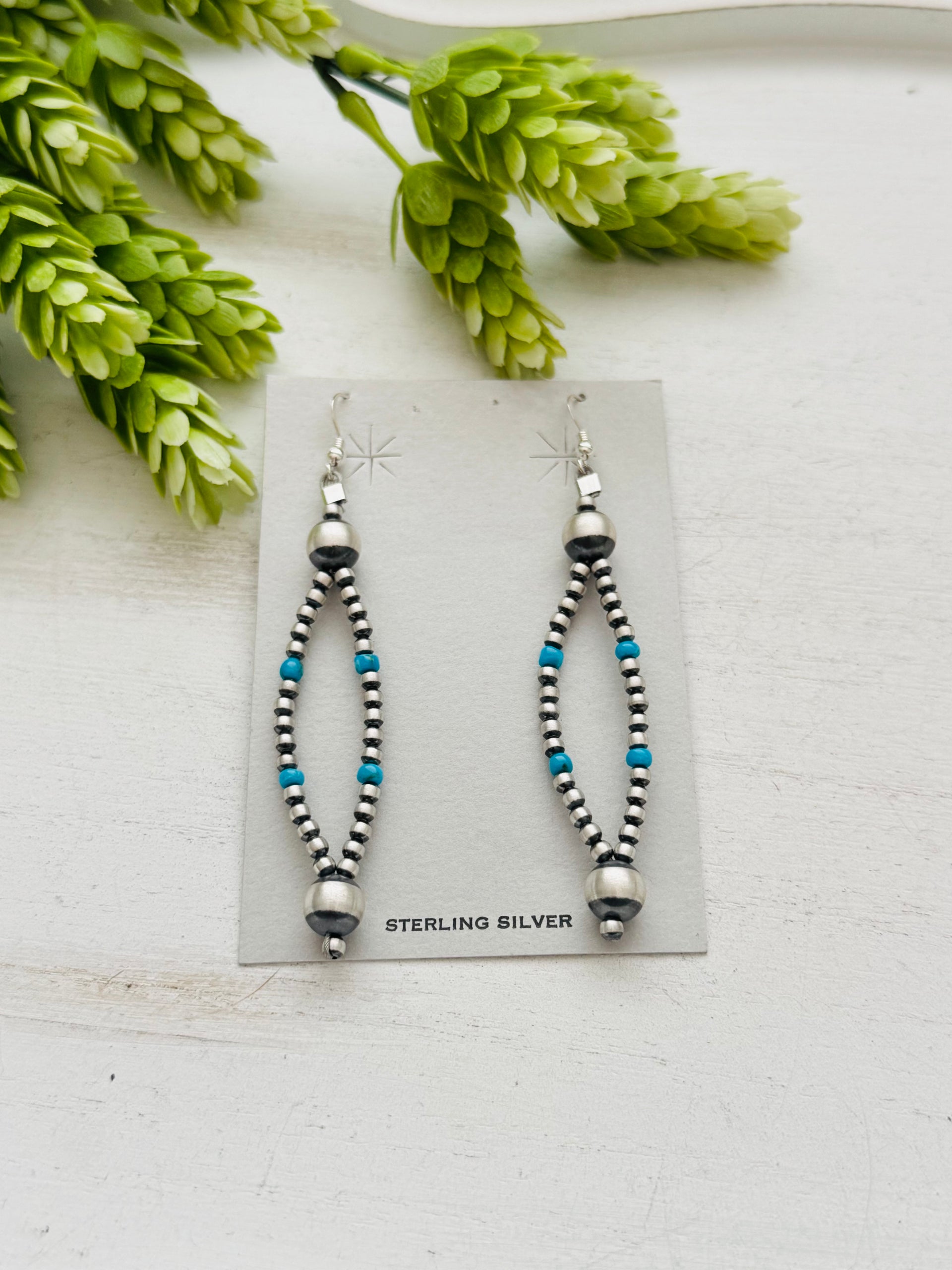 Navajo Strung Kingman & Sterling Silver Graduated Pearls Dangle Earrings