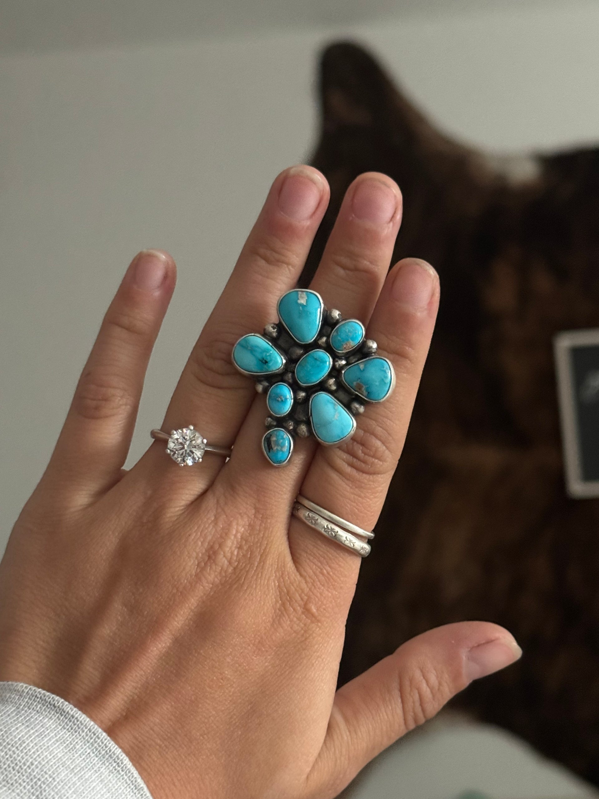 Travis Jim Blue Ridge Turquoise & Sterling Silver Adjustable Dragonfly Cluster Ring