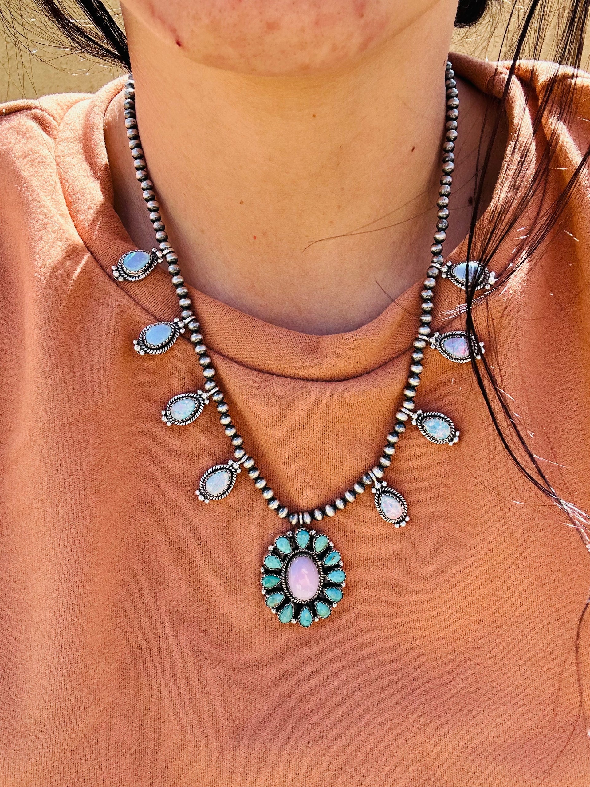 Southwest Handmade Multi Stone & Sterling Silver Cluster Necklace