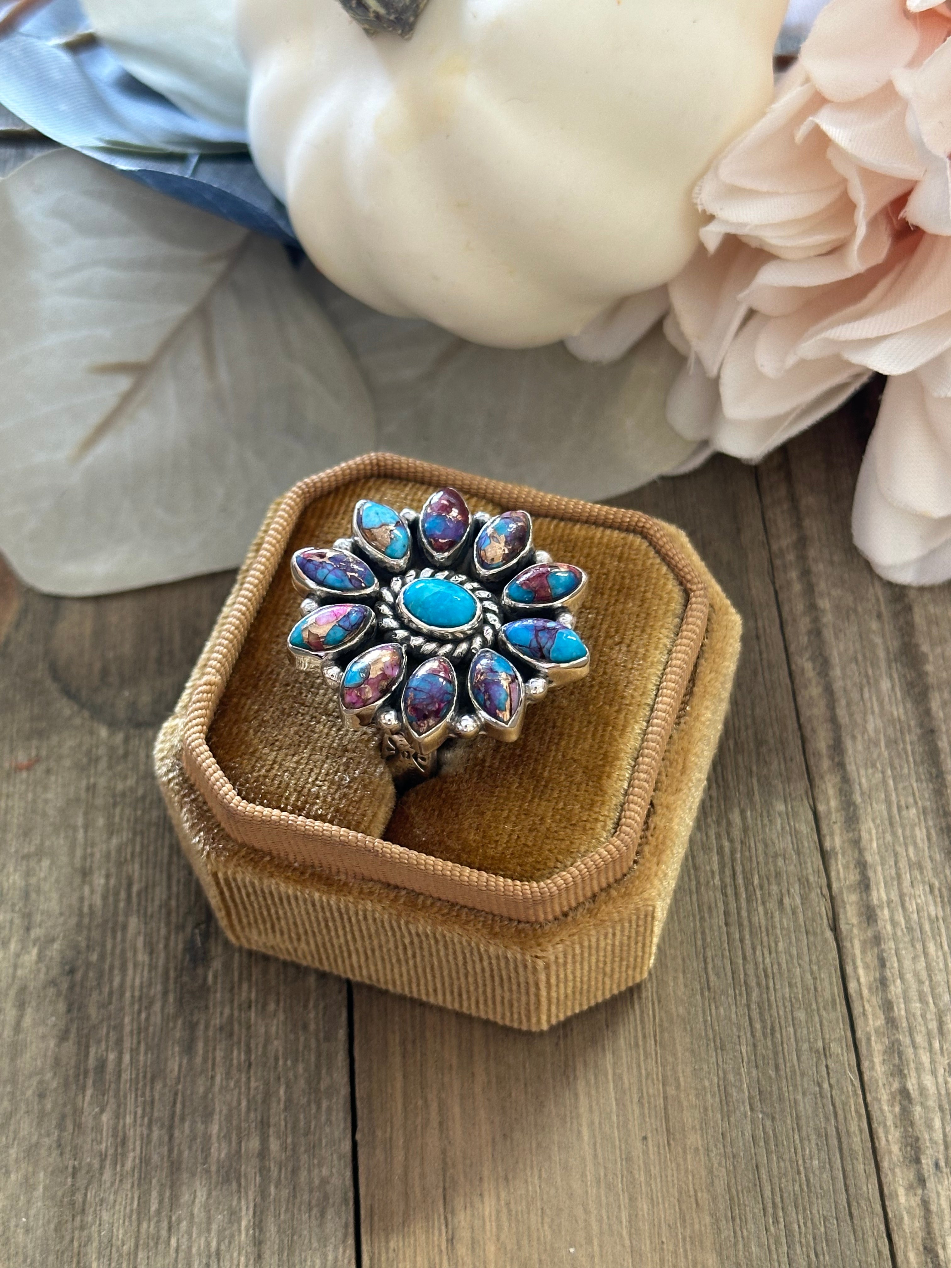 Southwest Handmade Mohave Turquoise & Sterling Silver Adjustable Cluster Ring