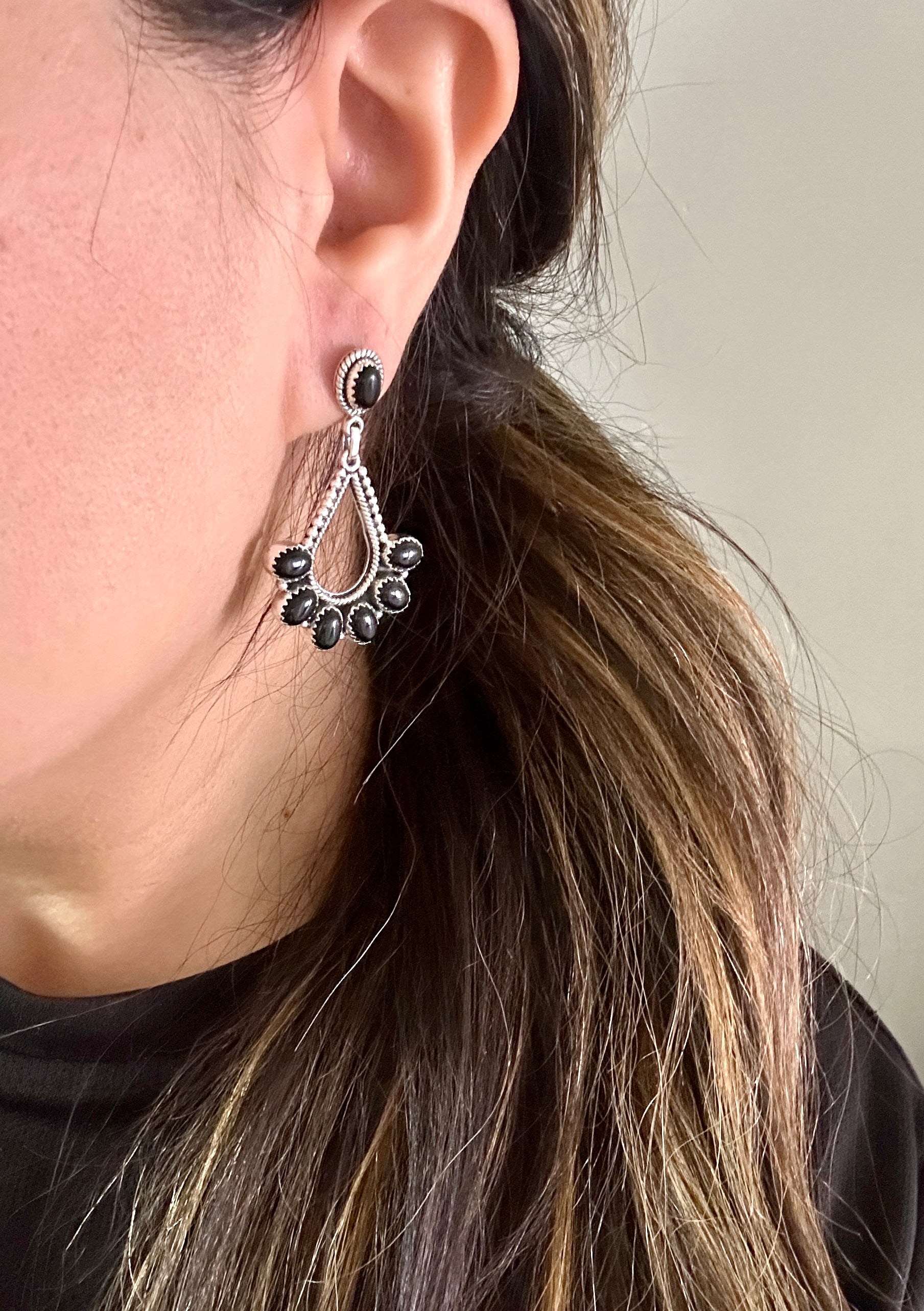 Southwest Handmade Onyx & Sterling Silver Post Dangle Earrings
