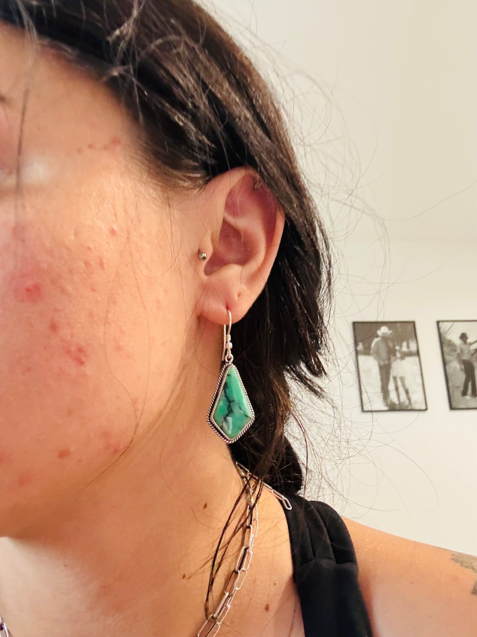 Southwest Handmade Emerald Rose Variscite & Sterling Silver Dangle Earrings