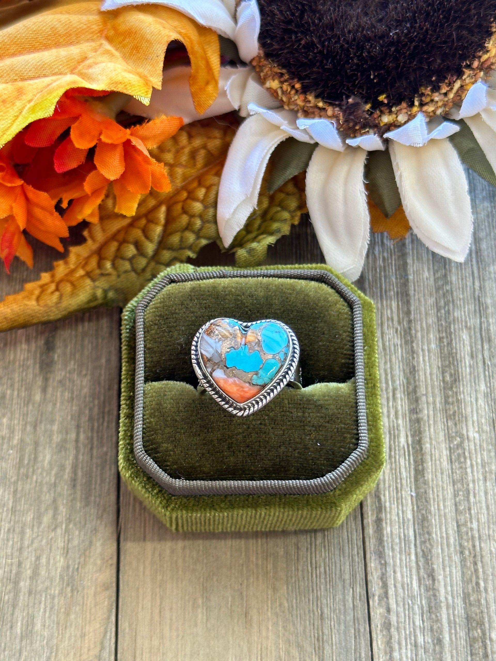 Southwest Handmade Mohave Turquoise & Sterling Silver Adjustable Heart Ring