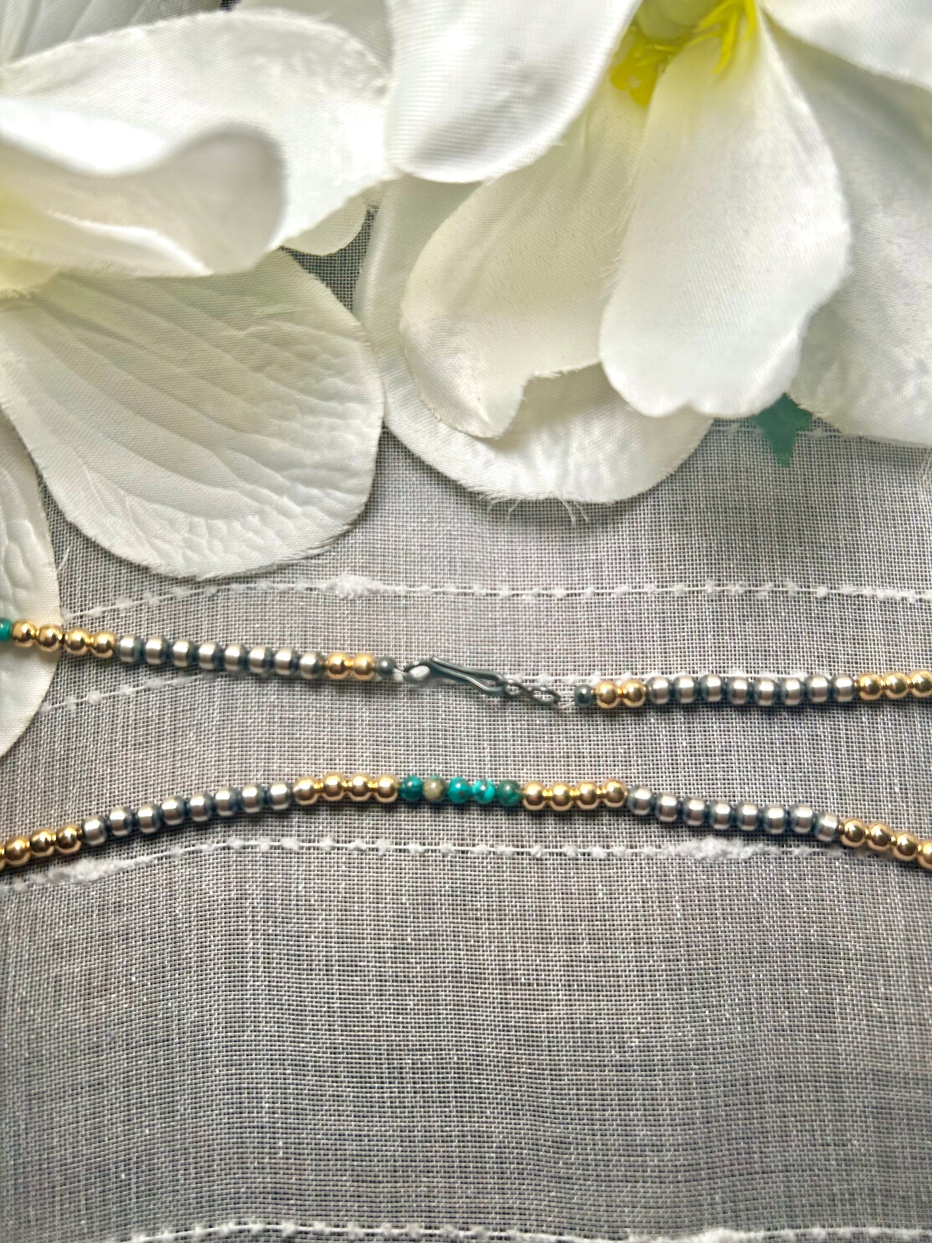 Navajo Made Strung 14K Gold Plate Hubei Turquoise & Sterling Silver Necklace