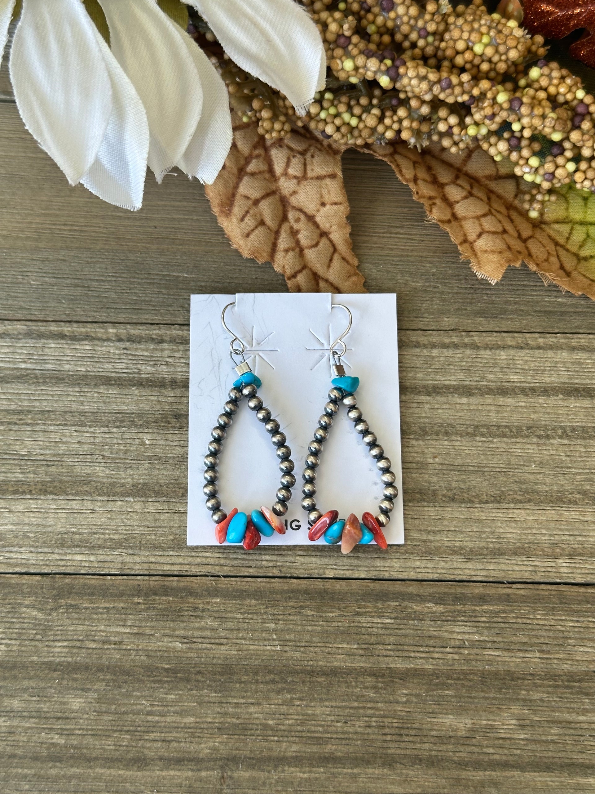 Navajo Strung Multi Stone & Sterling Silver Pearl Dangles