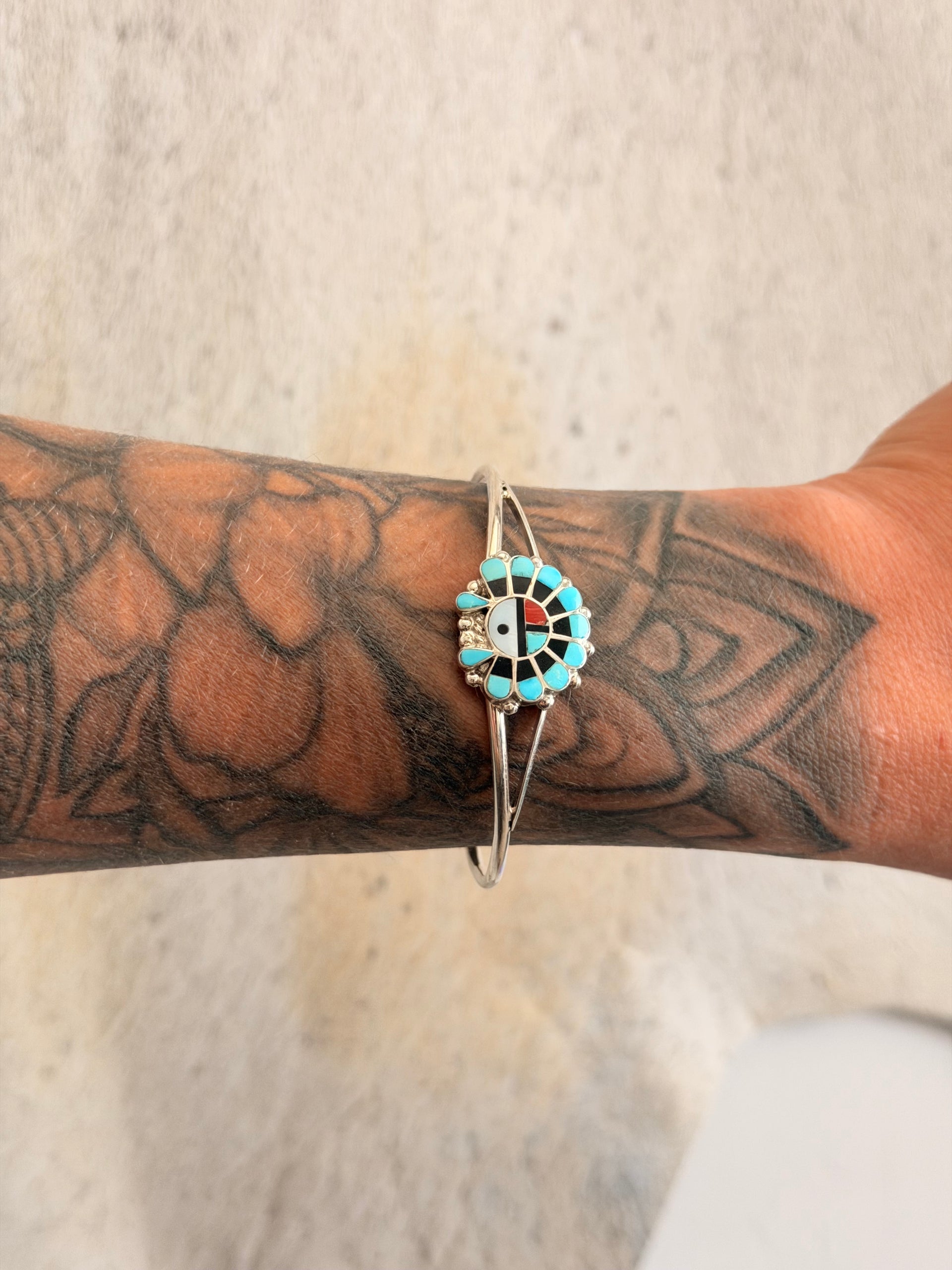 Zuni Made Multi Stone & Sterling Silver Inlay Sunface Cuff Bracelet