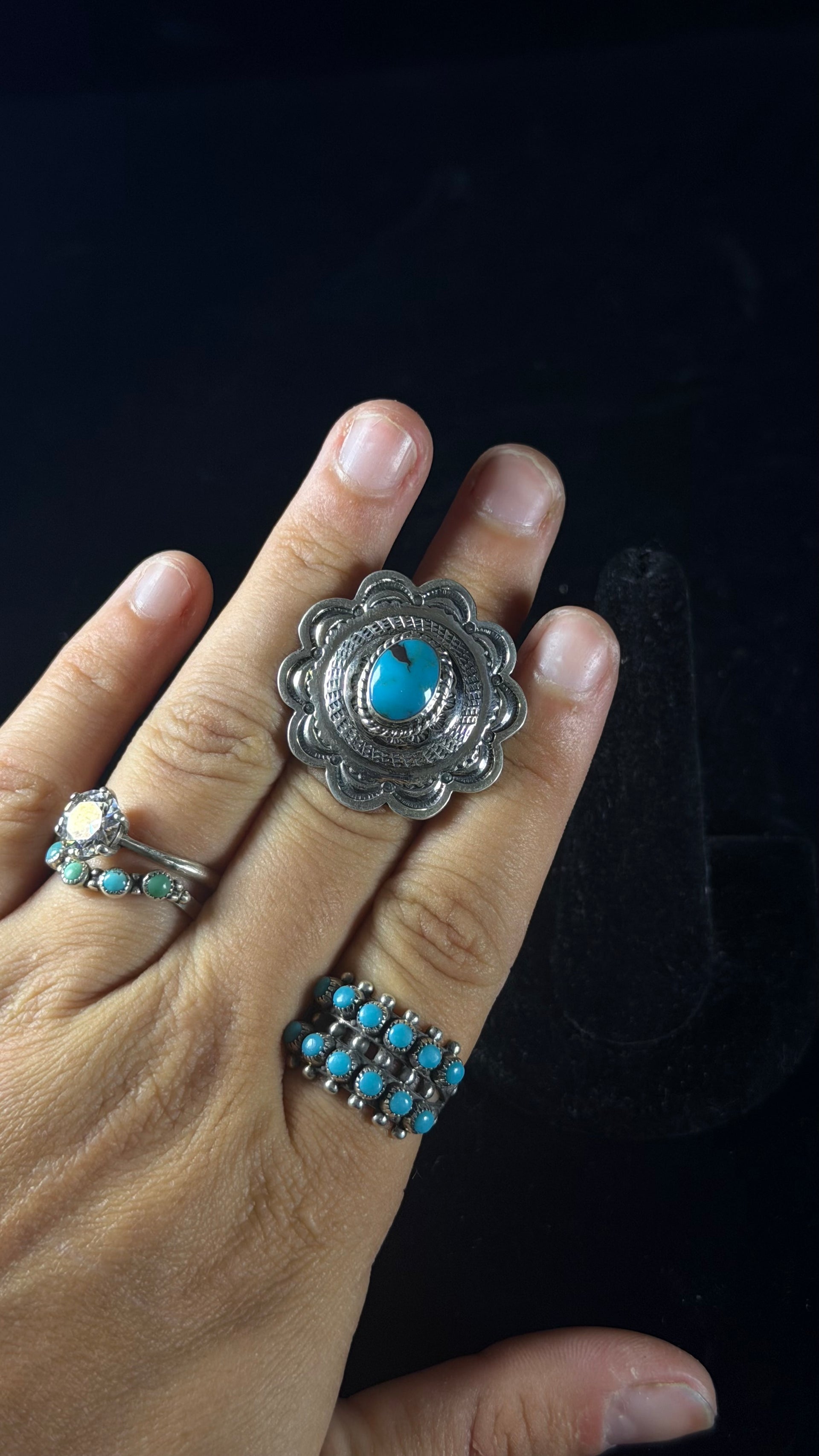 Navajo Made Kingman Turquoise & Sterling Silver Concho Ring Size 6