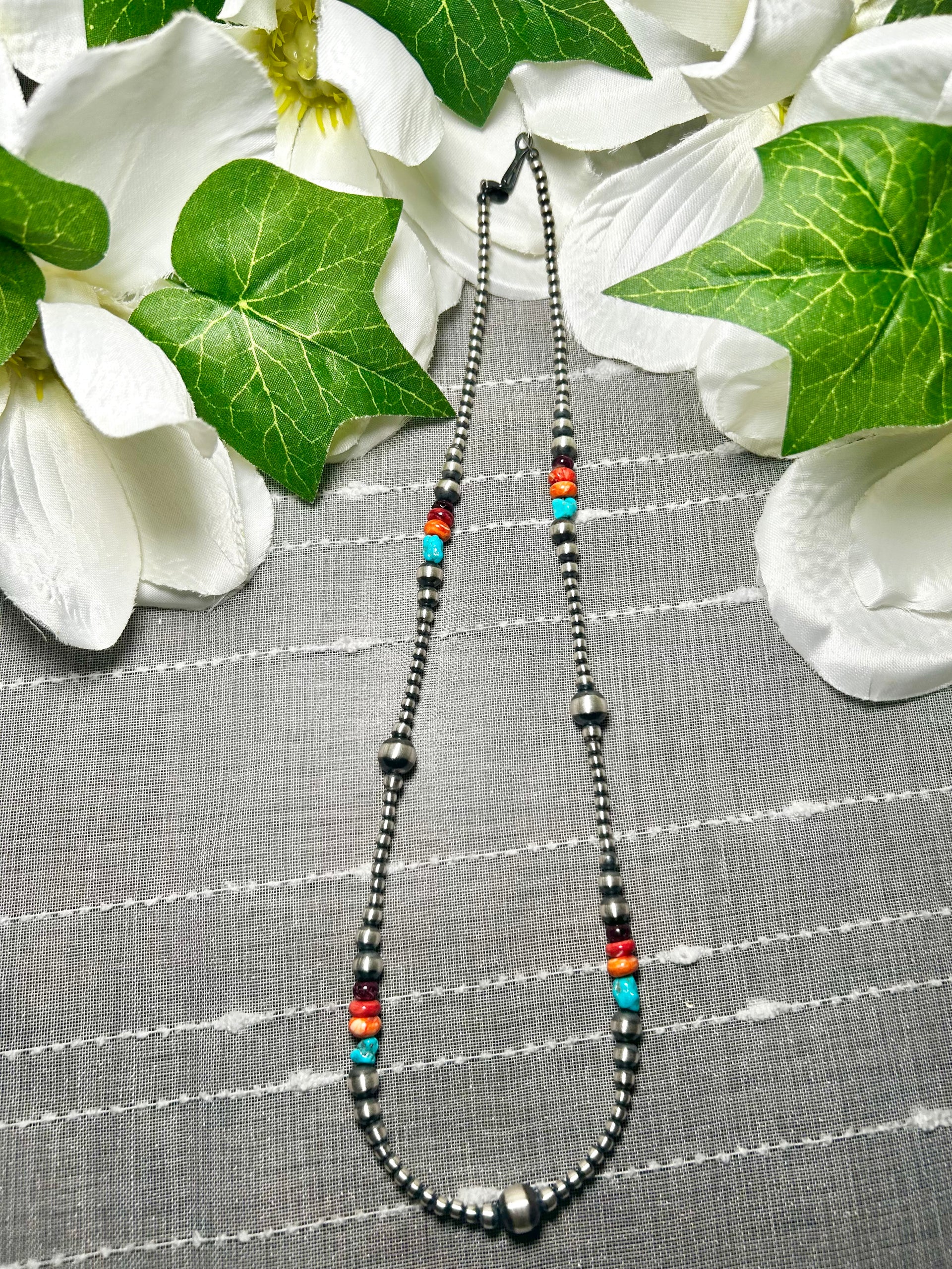 Navajo Made Strung Multi Stone & Sterling Silver Necklace