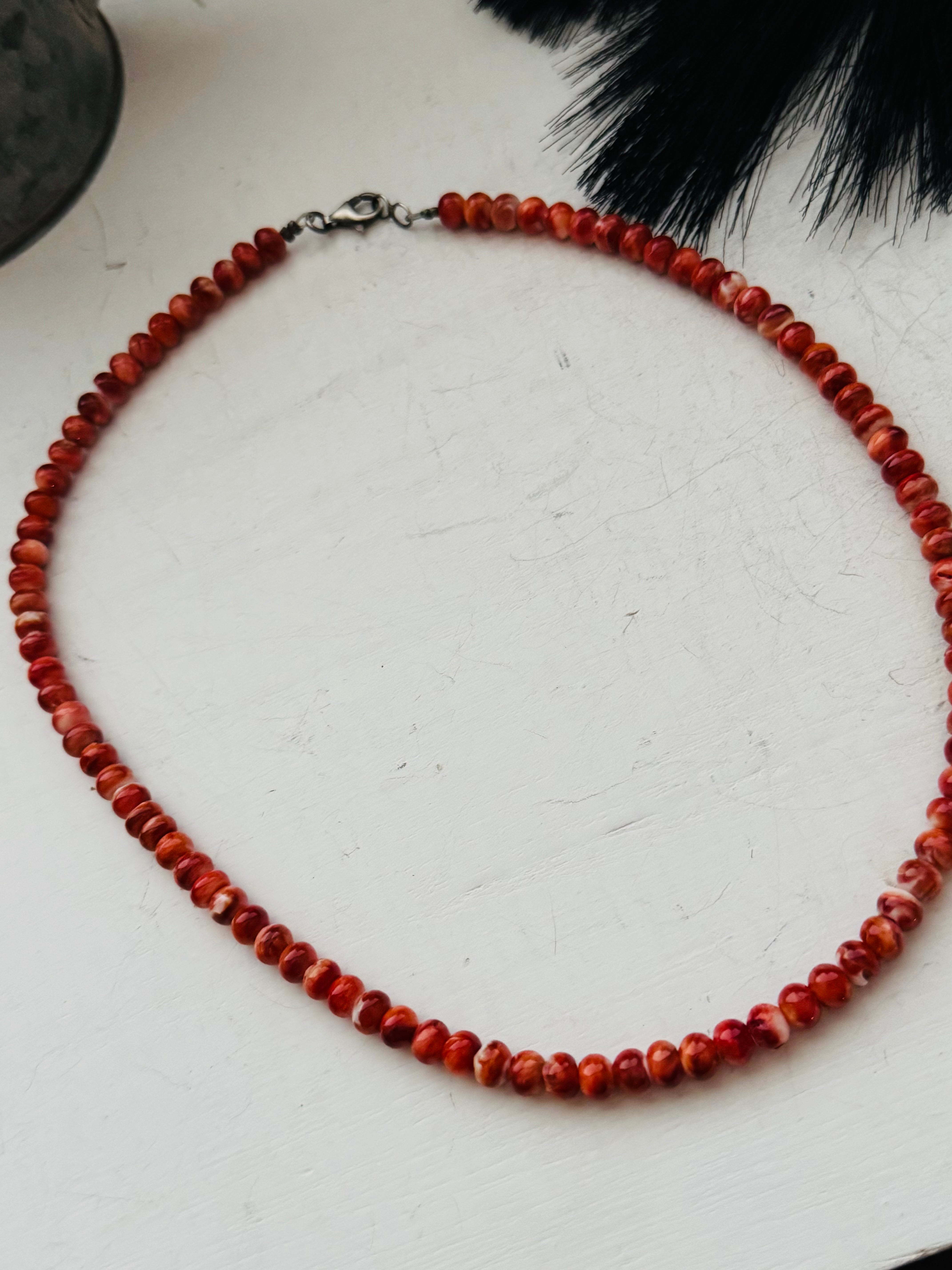 Theresa Skeets Red Spiny Oys & Sterling Silver Beaded Necklace