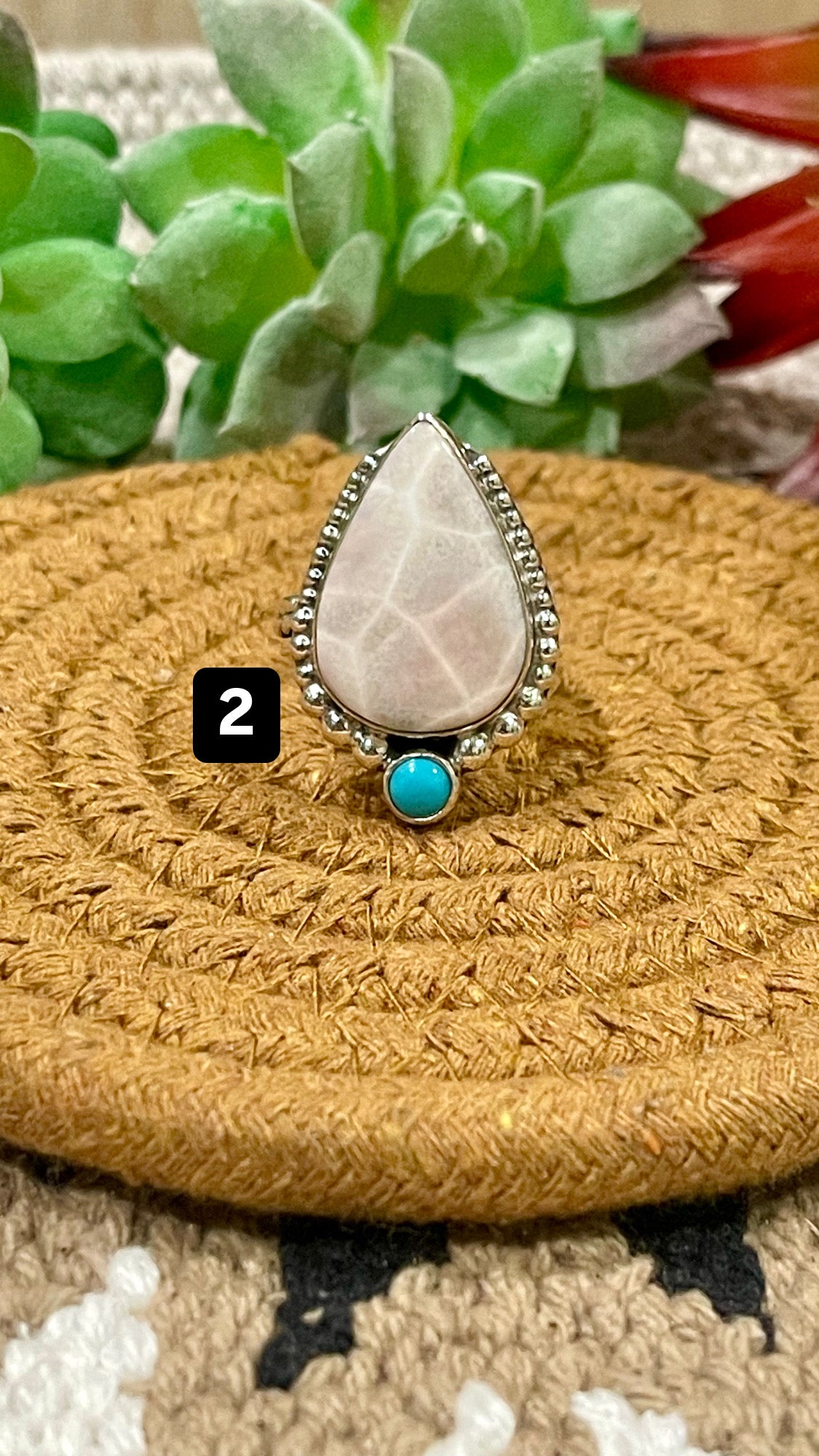 Southwest Handmade Pink Larimar With Kingman Turquoise & Sterling Silver Adjustable Ring