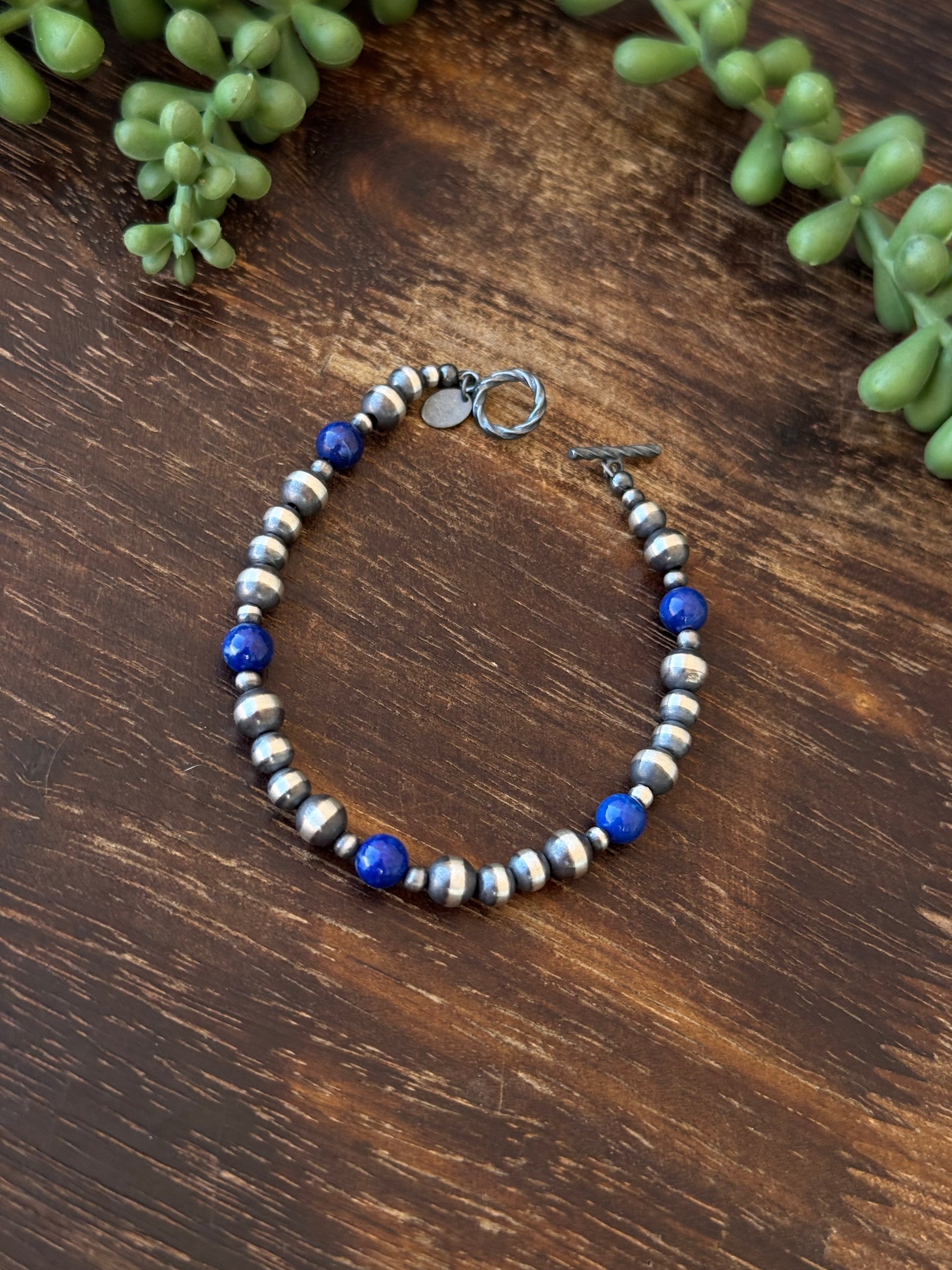 Navajo Made Lapis & Sterling Silver Pearl Bracelet