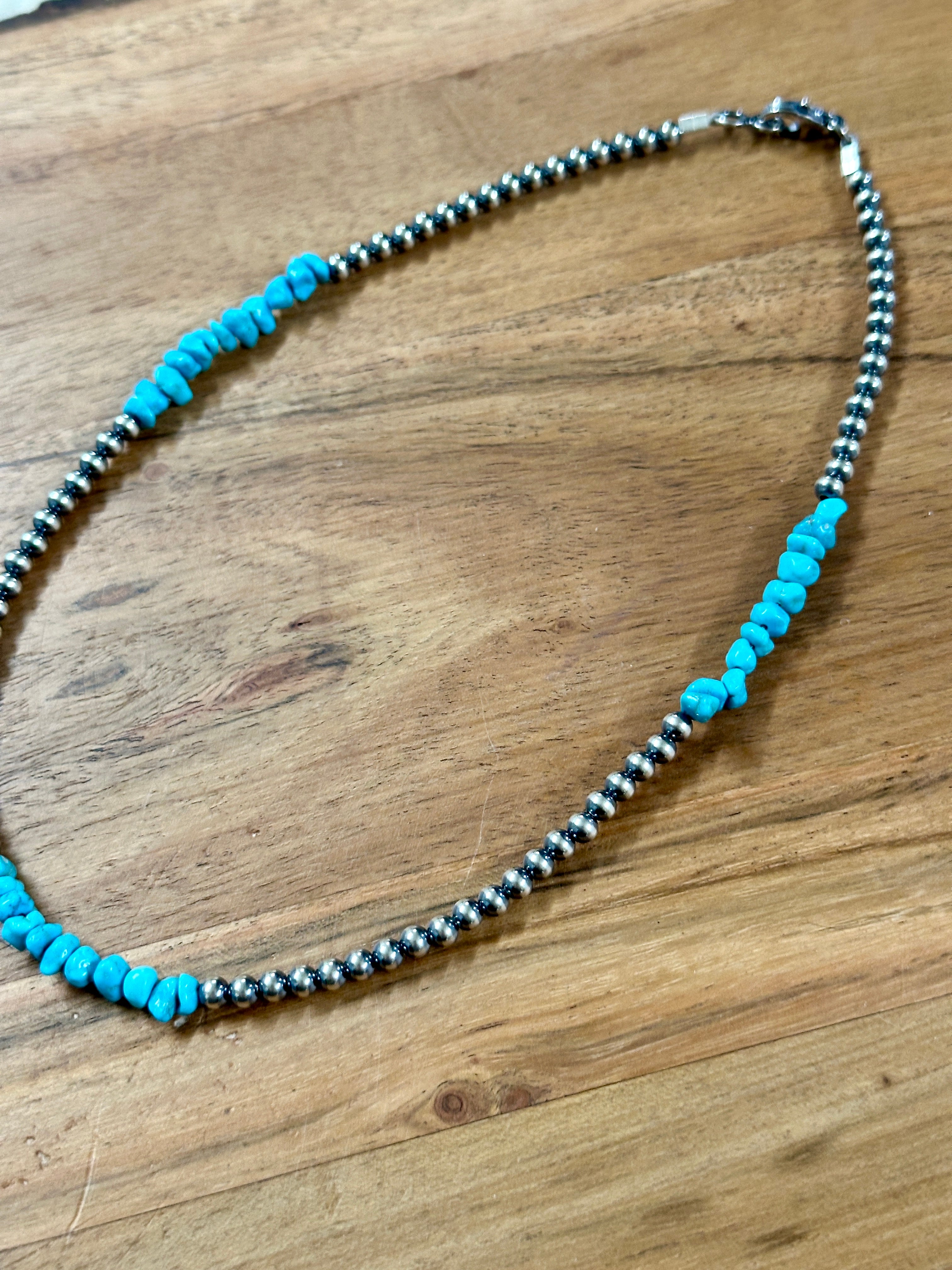Navajo Strung Kingman Turquoise & Sterling Silver 4MM Beaded Pearl Necklace