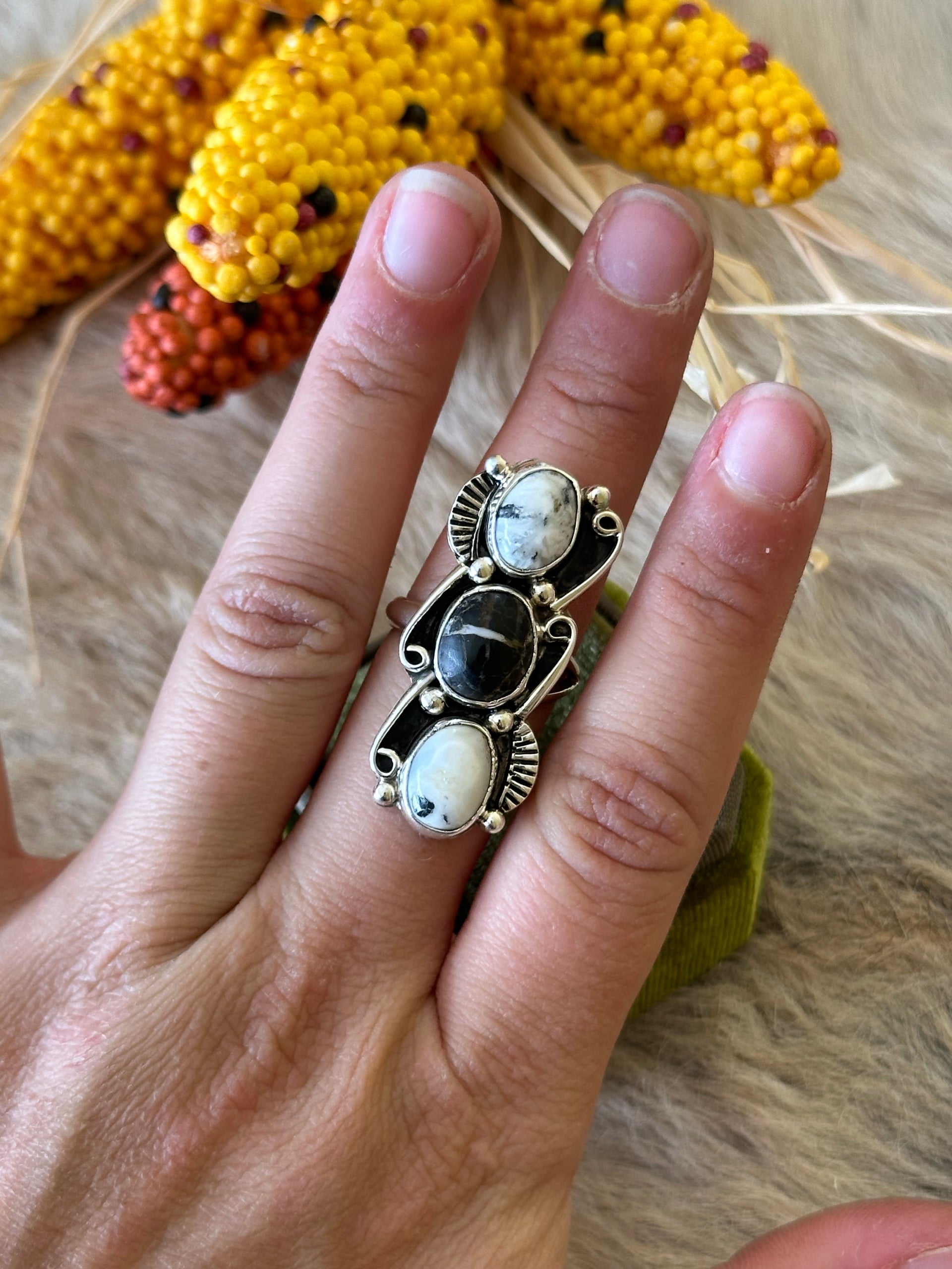 Navajo Made White Buffalo & Sterling Silver Adjustable Ring