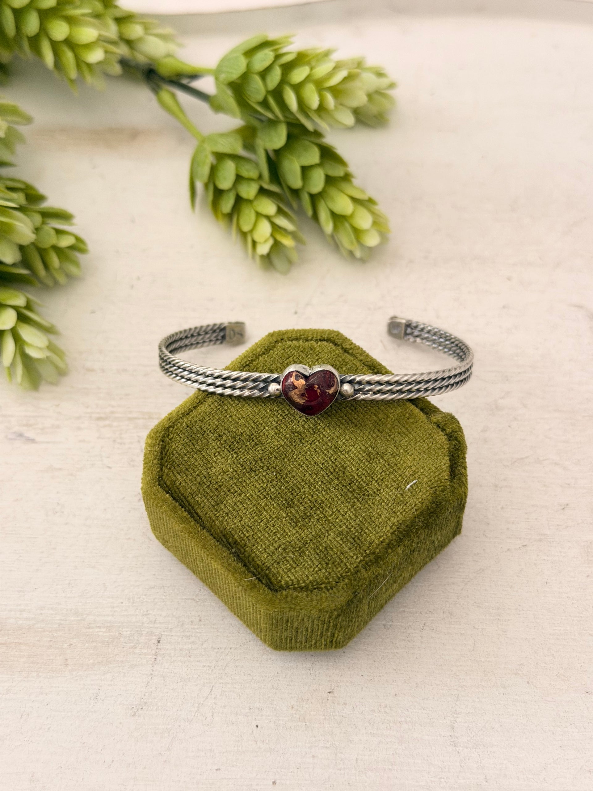 Navajo Made Rose Dahlia & Sterling Silver Heart Cuff Bracelet