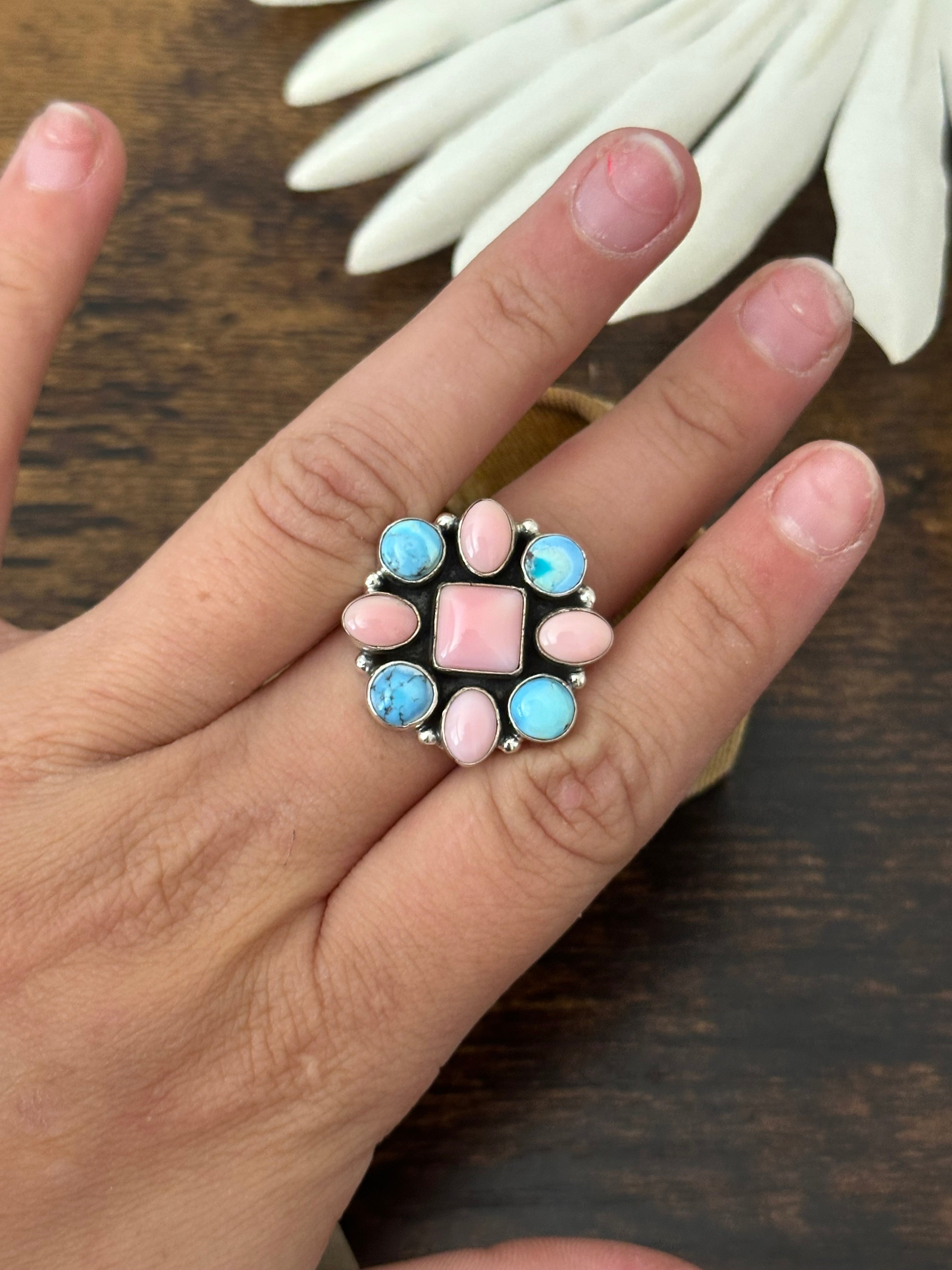 Southwest Handmade Multi Stone & Sterling Silver Adjustable Cluster Ring