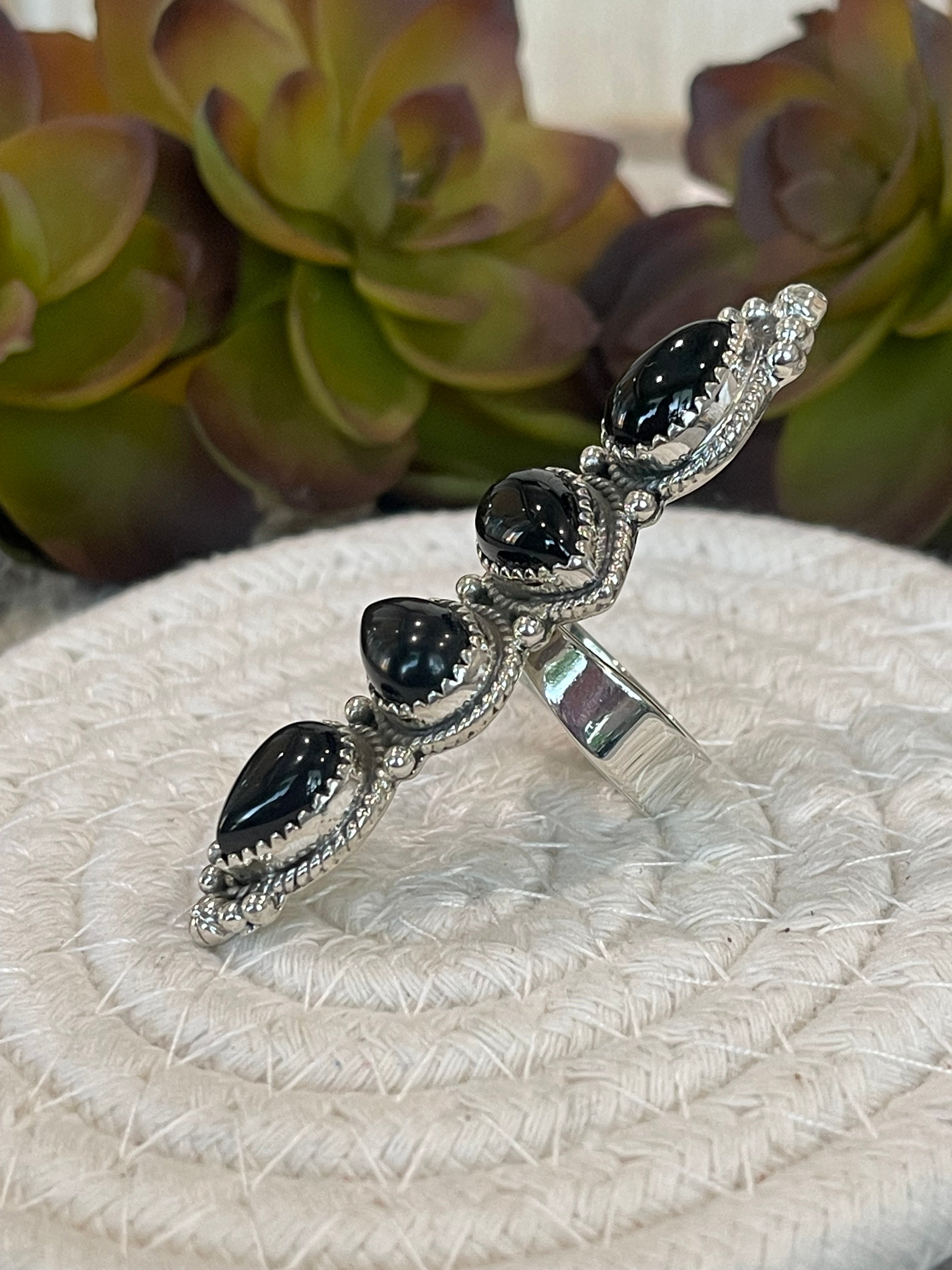 Southwest Handmade Black Onyx & Sterling Silver Adjustable 4 Stone Ring