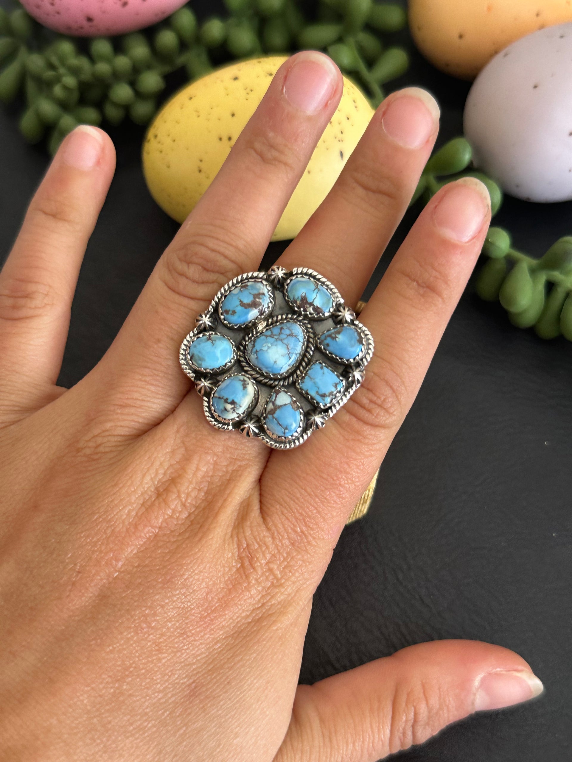 Southwest Handmade Golden Hills Turquoise & Sterling Silver Adjustable Cluster Ring