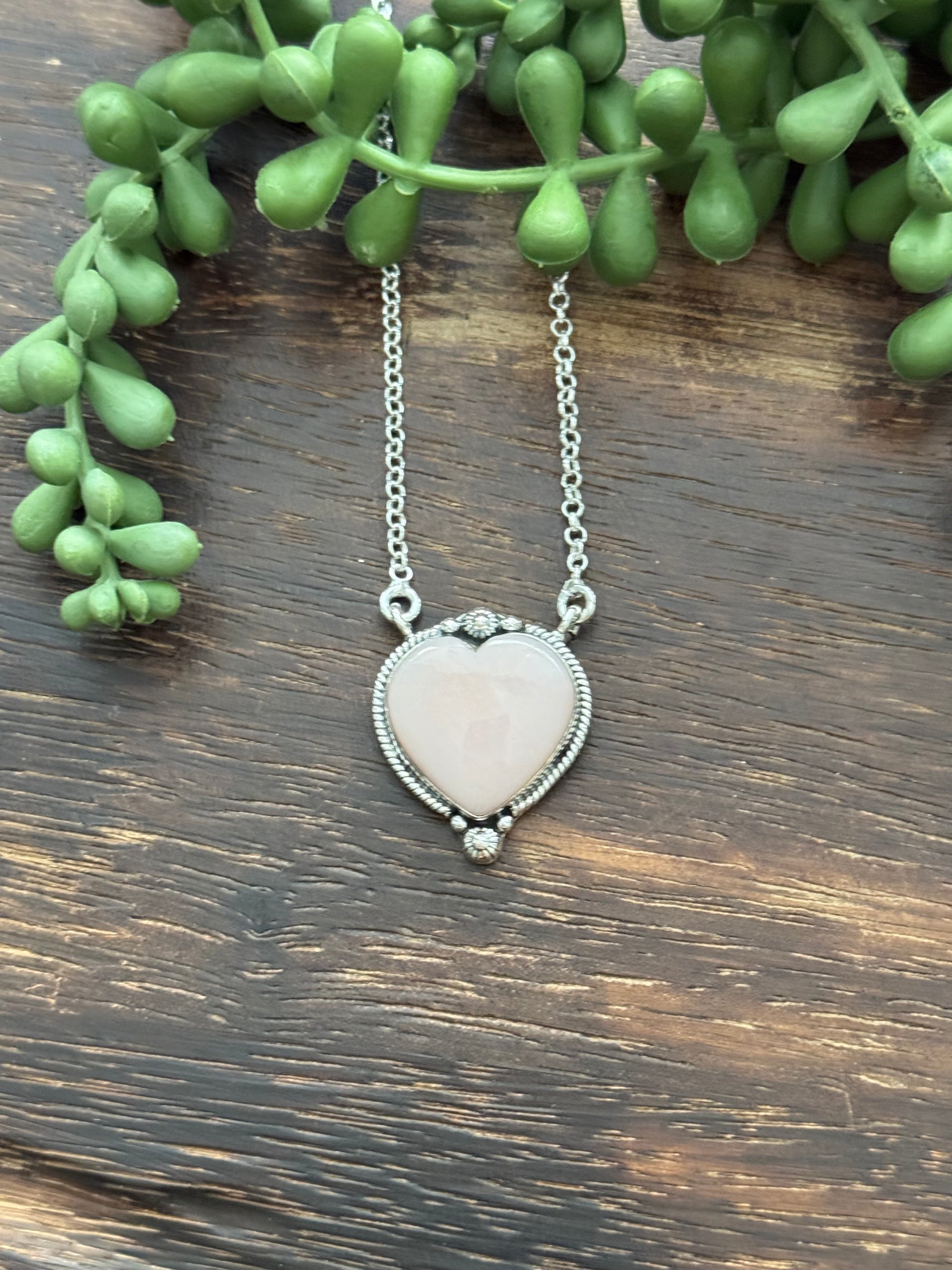 Southwest Handmade Peruvian Pink Opal & Sterling Silver Heart Necklace