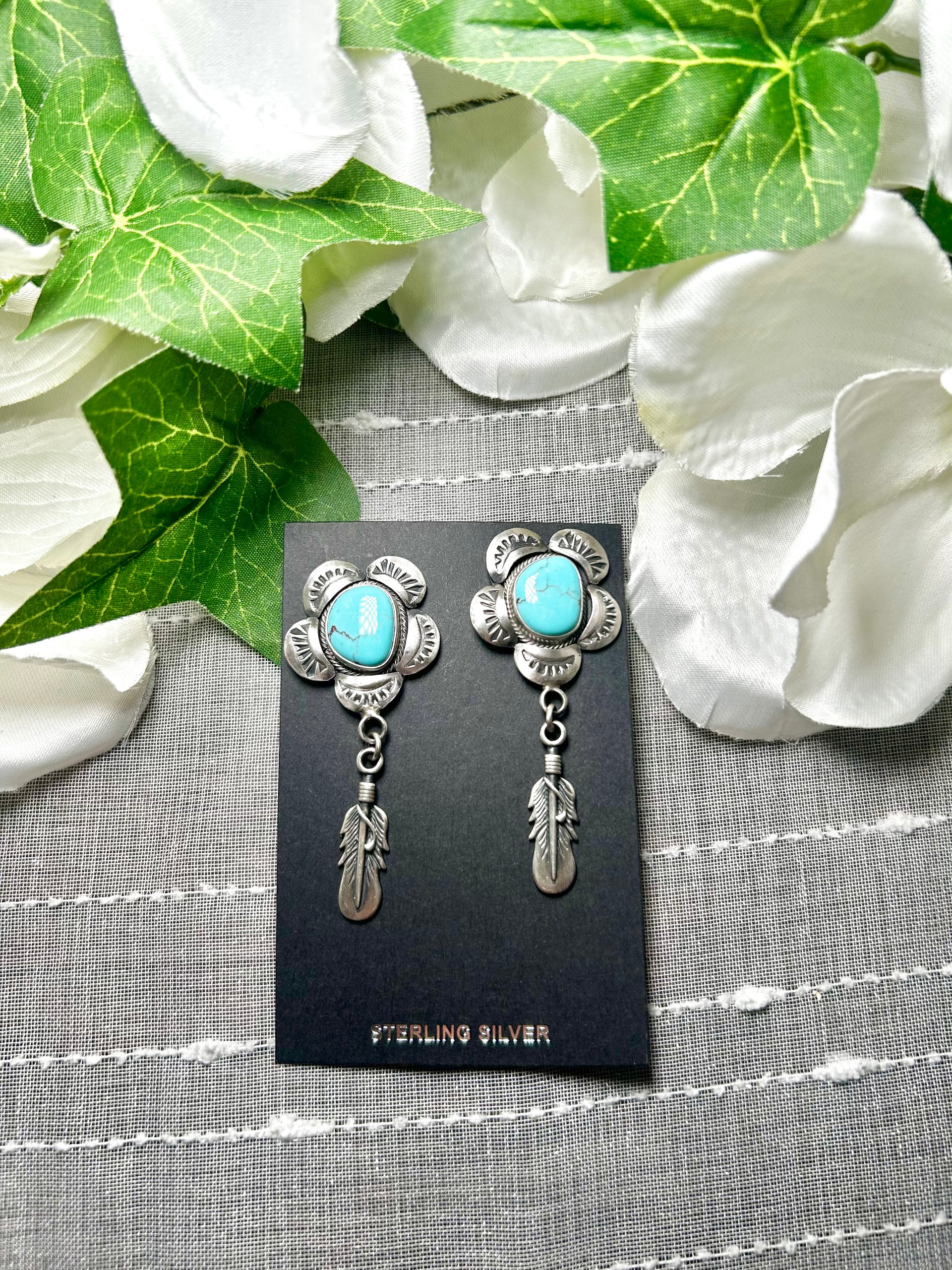 Navajo Made Egyptian Turquoise & Sterling Silver Post Dangle Earrings