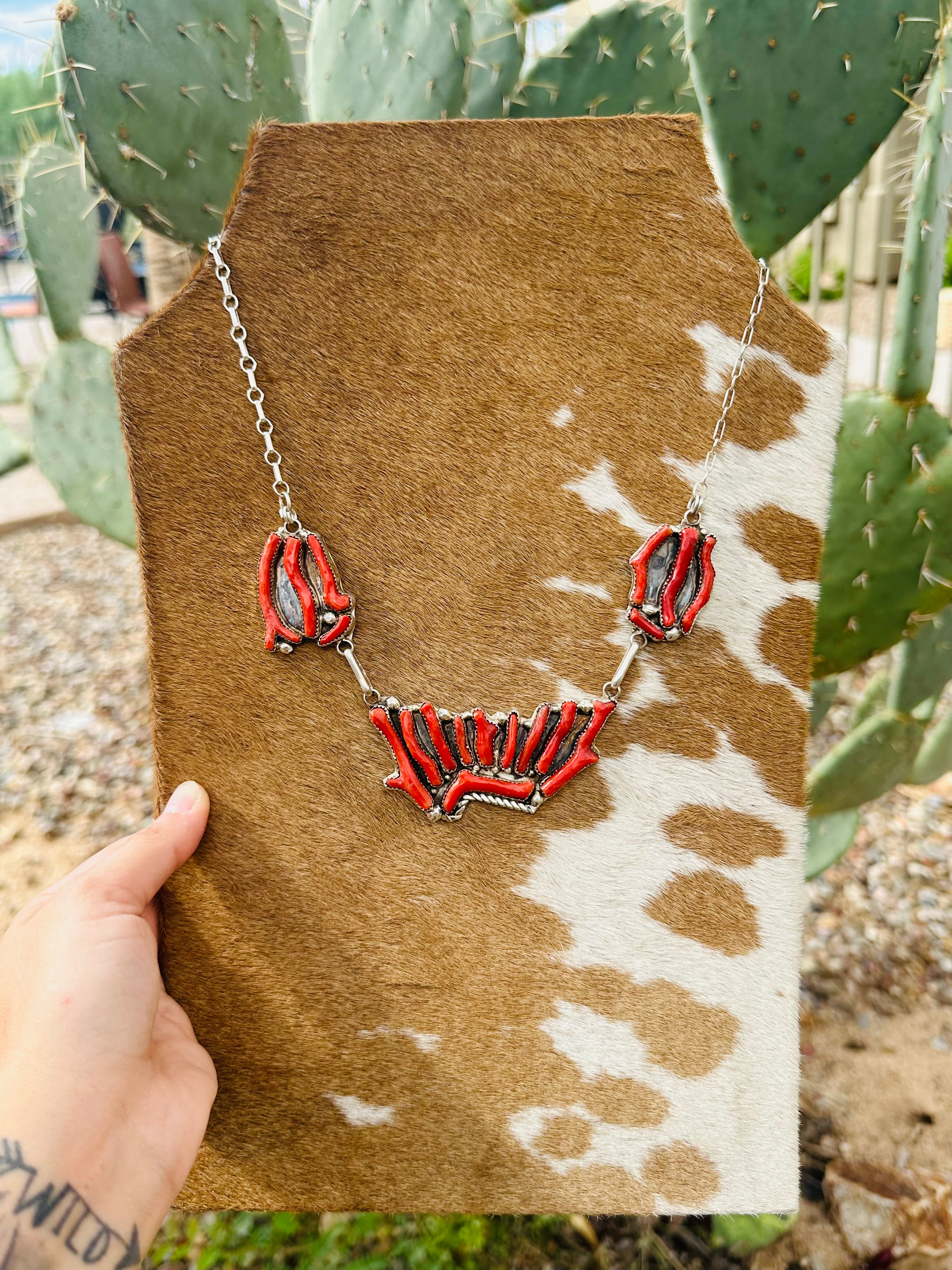 Zuni Made Red Coral and Sterling Silver Necklace Set