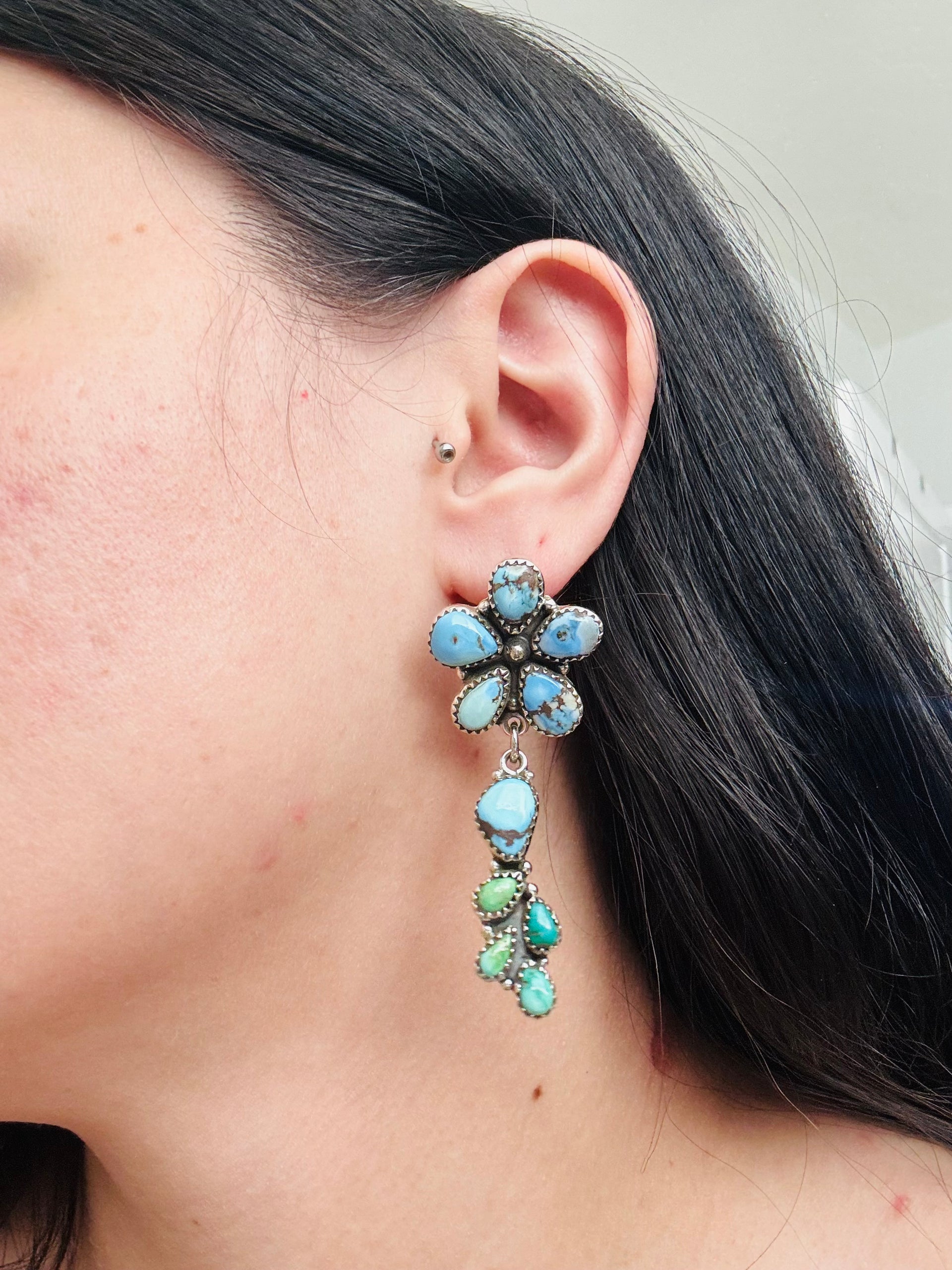 Southwest Handmade Multi Turquoise & Sterling Silver Post Dangle Earrings