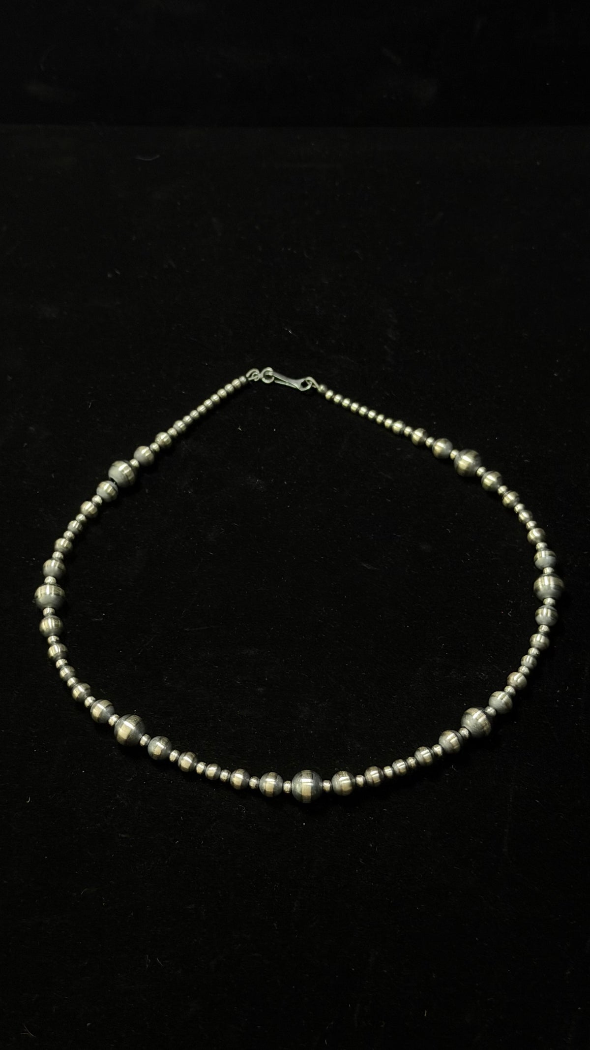 Navajo Strung Graduated Sterling Silver Pearls Beaded Machine Made 18” Necklace