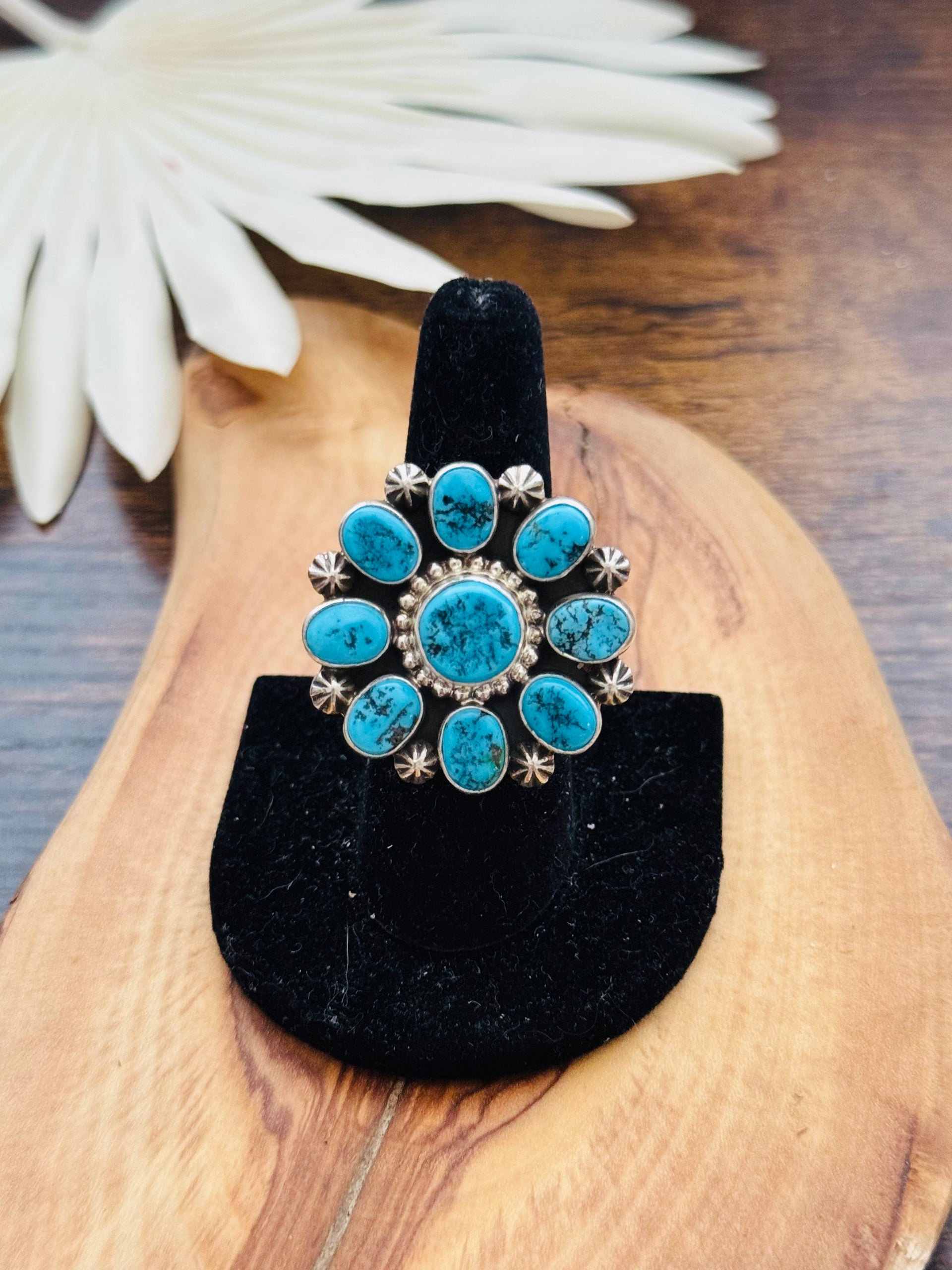 Aarron Tallis Kingman Turquoise & Sterling Silver Cluster Adjustable Ring
