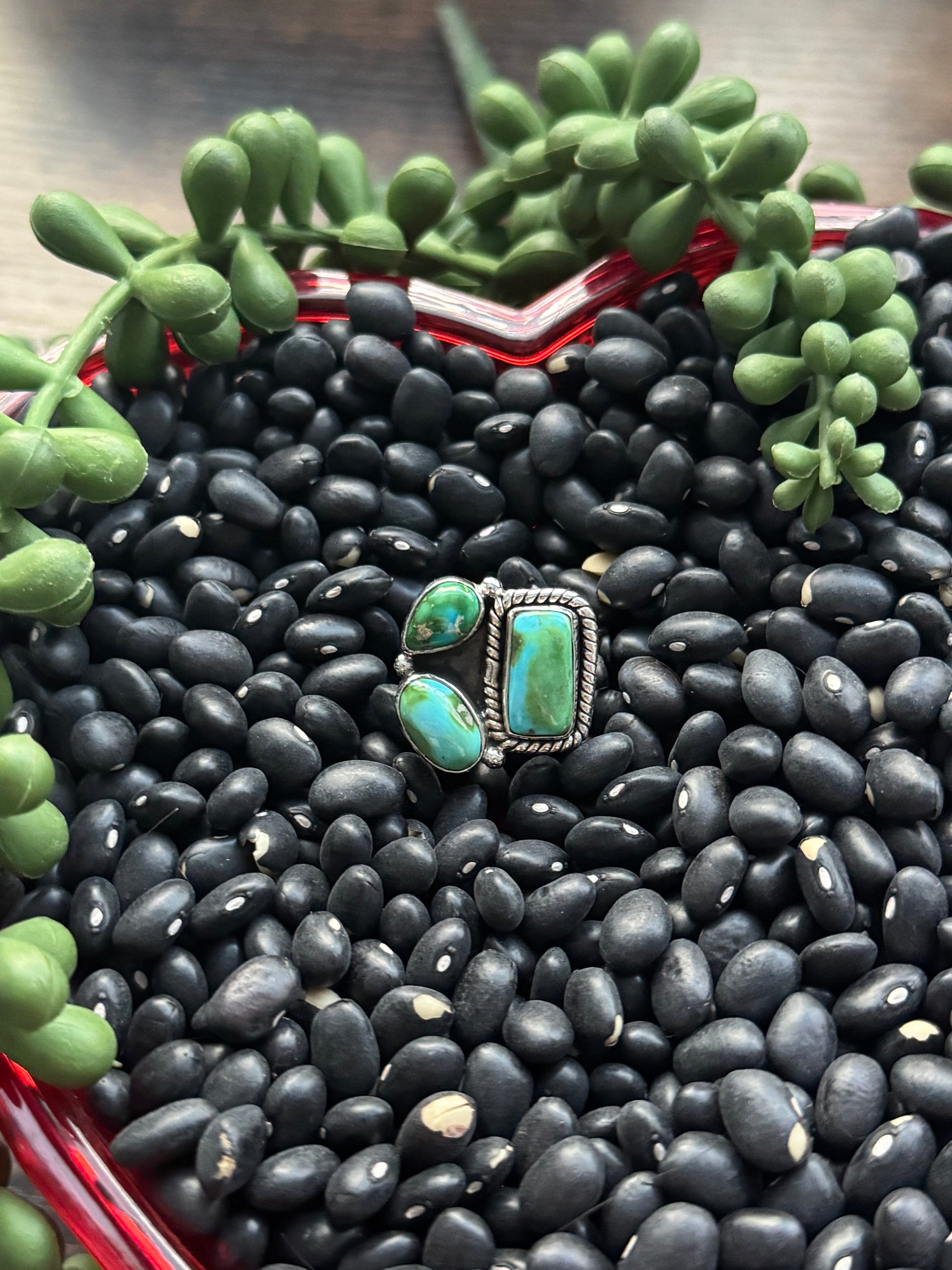 Southwest Handmade Sonoran Mountain Turquoise & Sterling Silver Adjustable Cluster Ring