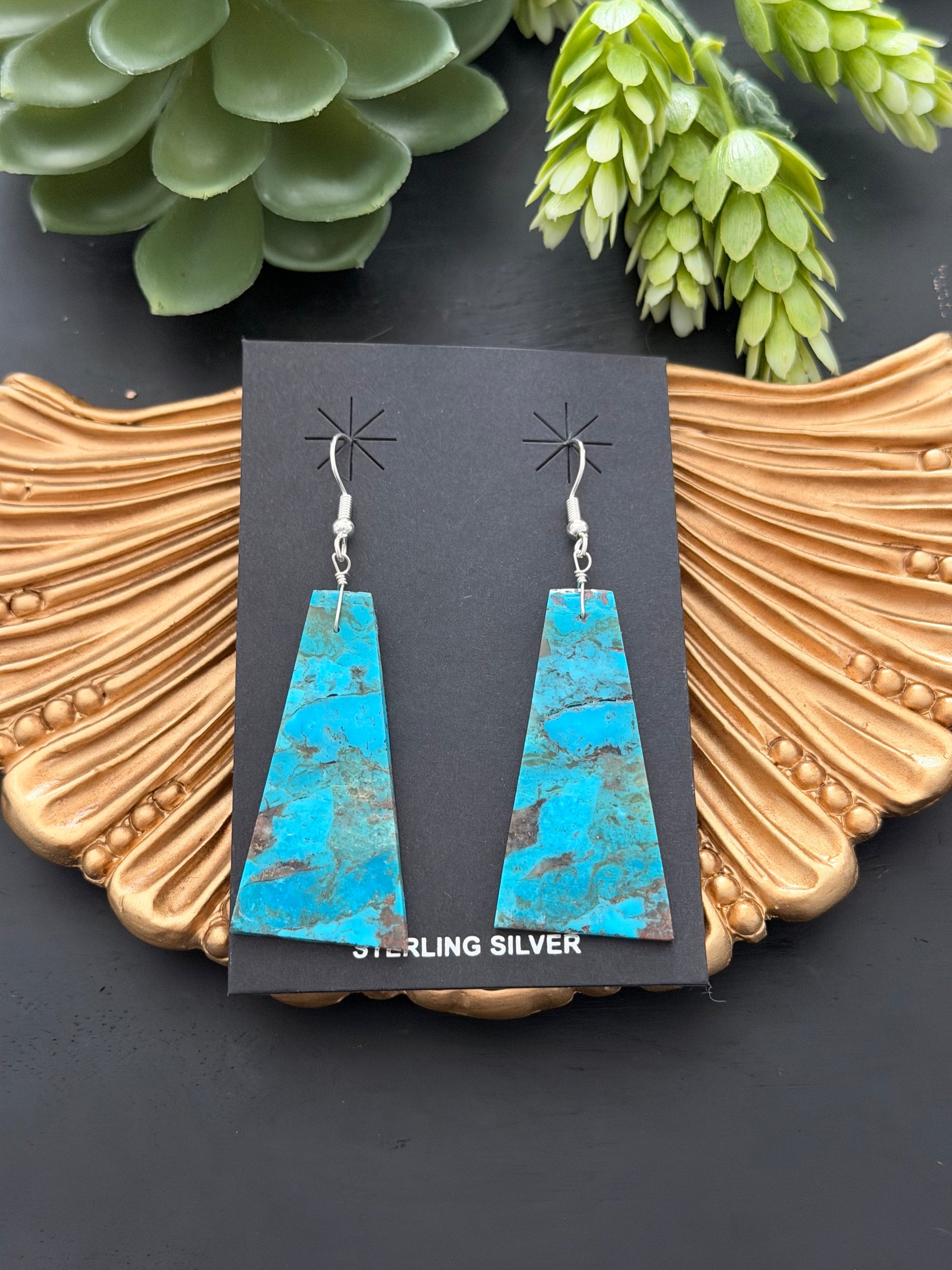 Navajo Made Mohave Turquoise & Sterling Silver Slab Dangle Earrings