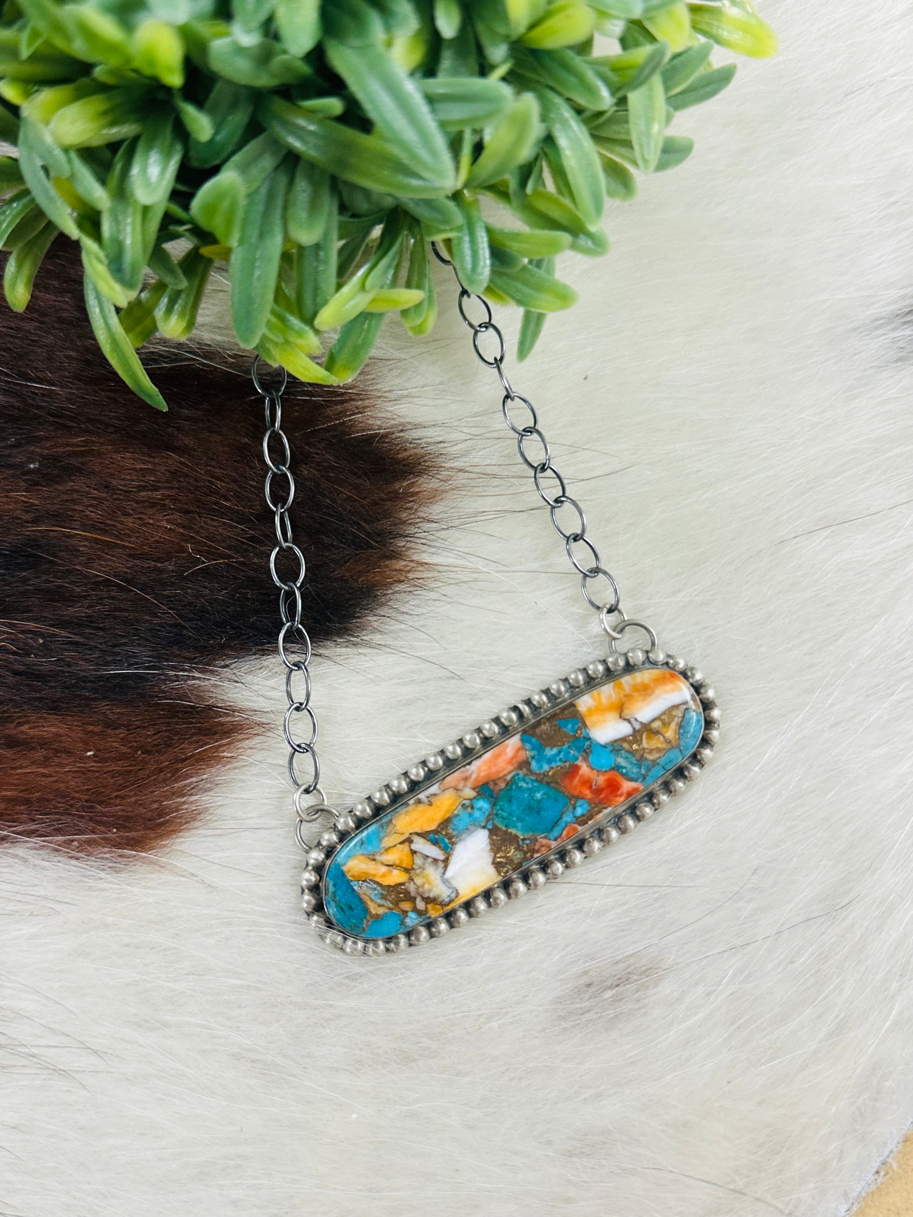 Navajo Made Mohave Turquoise & Sterling Silver Necklace