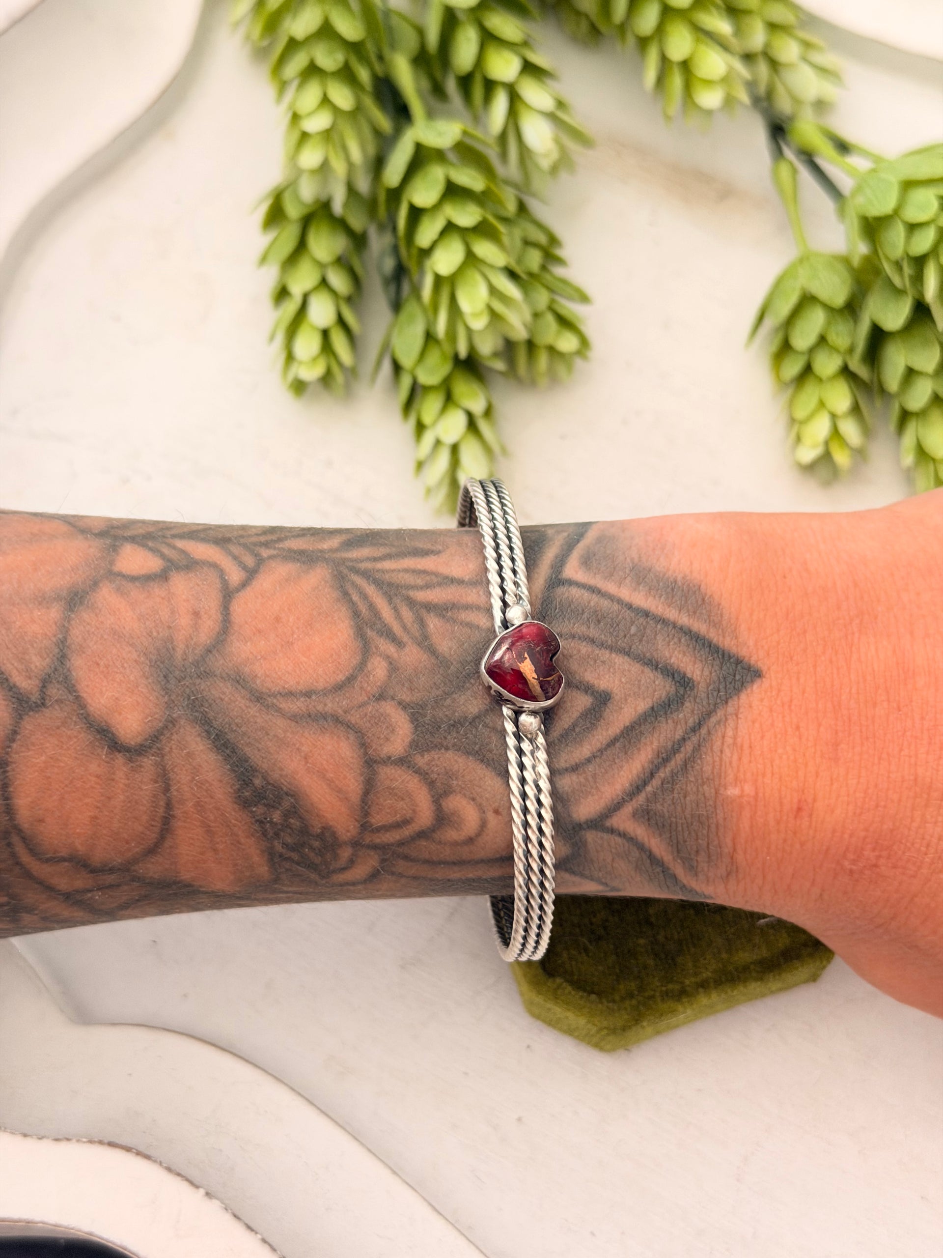 Navajo Made Rose Dahlia & Sterling Silver Heart Cuff Bracelet
