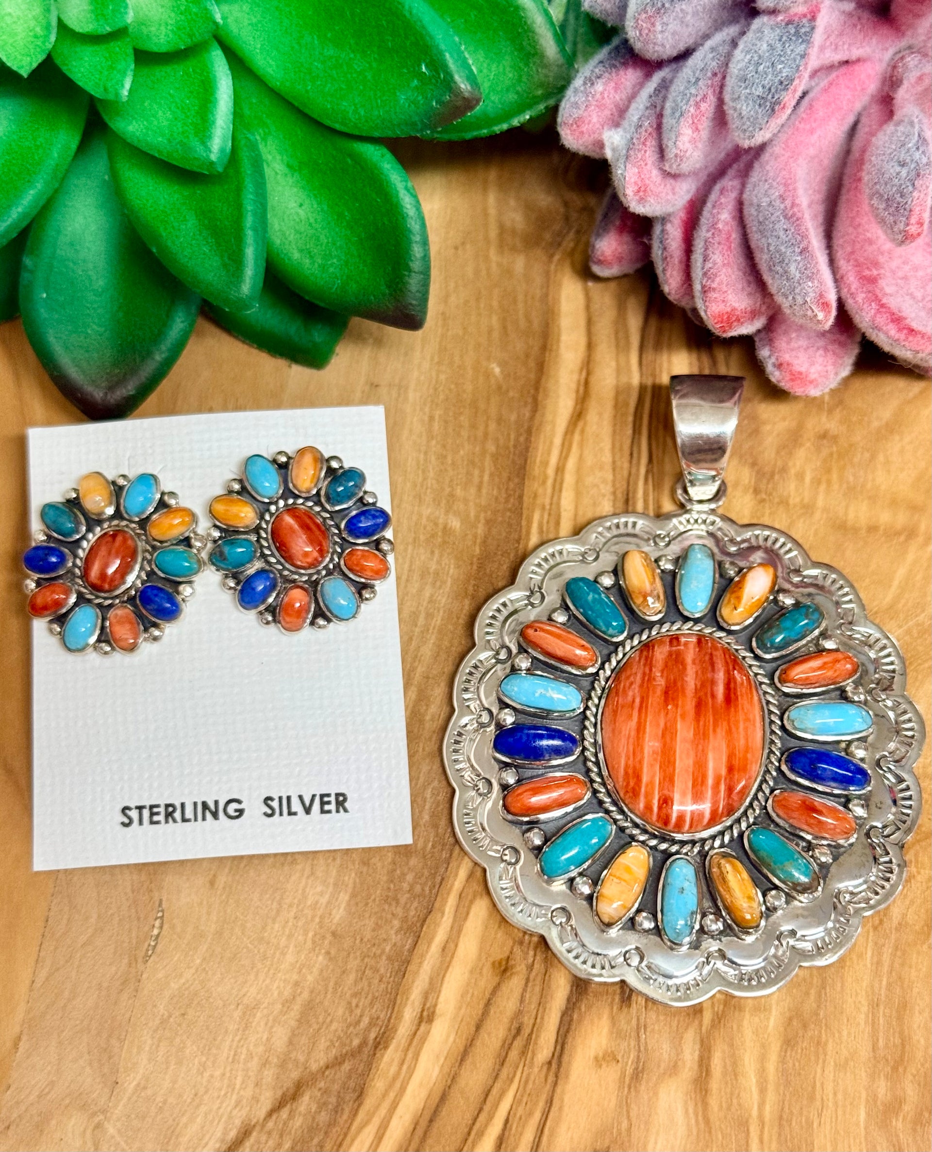 Southwest Handmade Multistone & Sterling Silver Pendant Set
