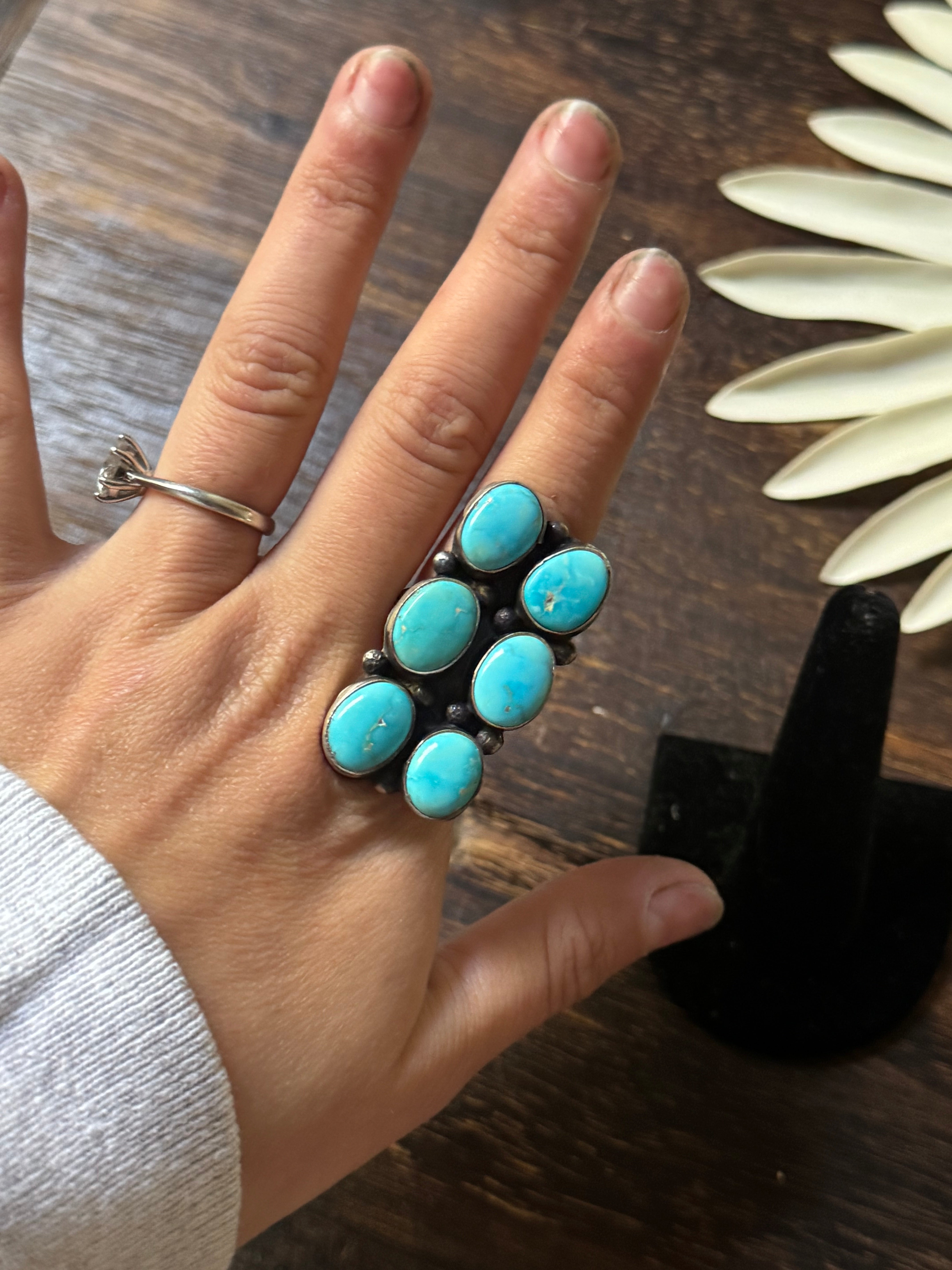 Navajo Made Kingman Turquoise & Sterling Silver Cluster Ring Size 9