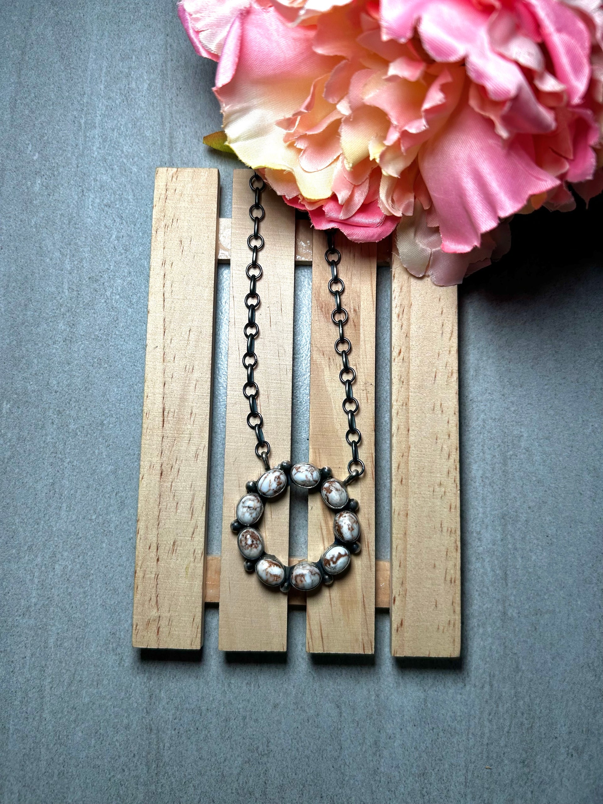 Navajo Made Wild Horse & Sterling Silver Cluster Necklace