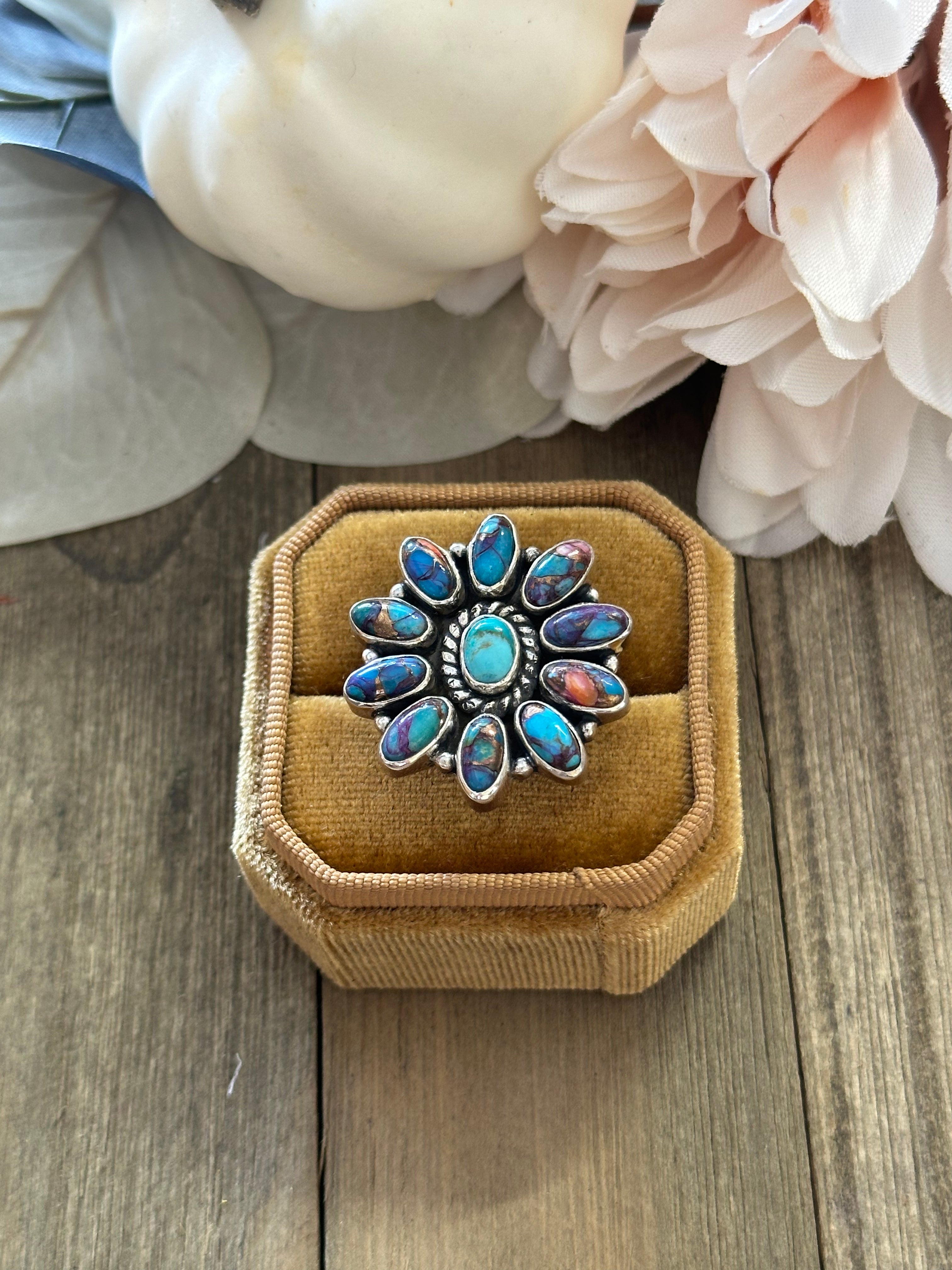 Southwest Handmade Mohave Turquoise & Sterling Silver Adjustable Cluster Ring