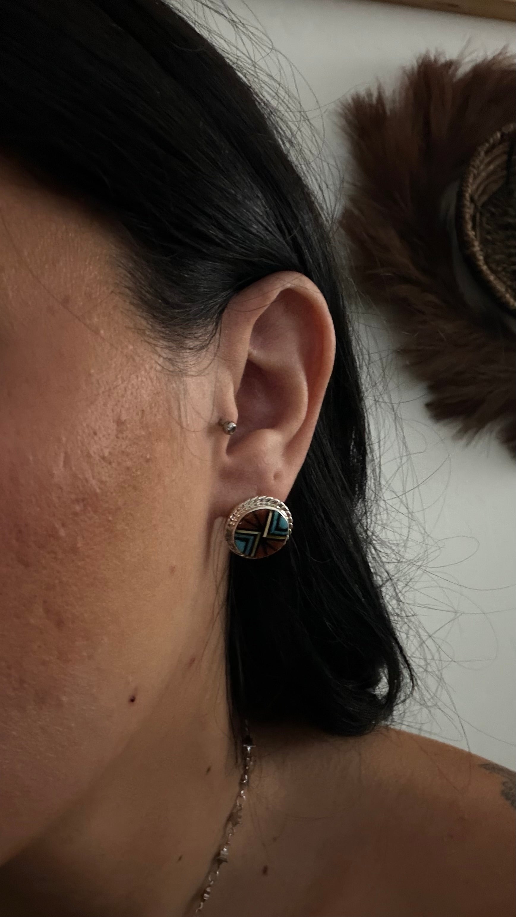 Zuni Made Multi Stone & Sterling Silver Post Inlay Earrings