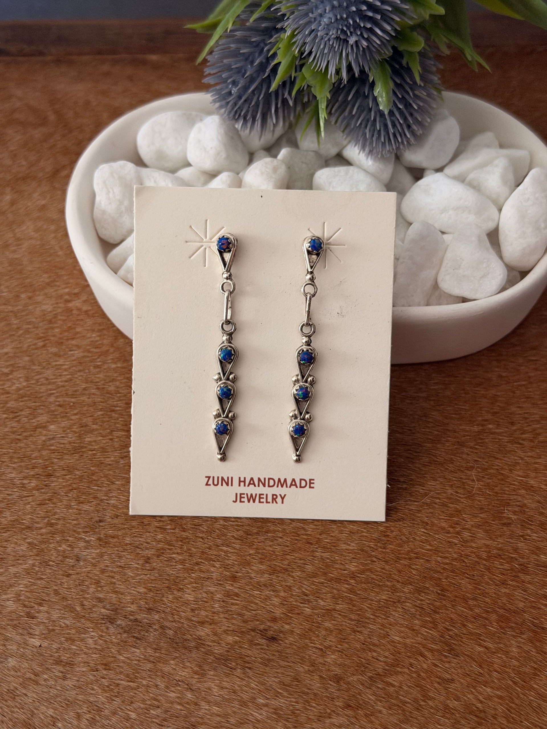 Aline Bowannie Opal (Man Made) & Sterling Silver Post Dangle Earrings