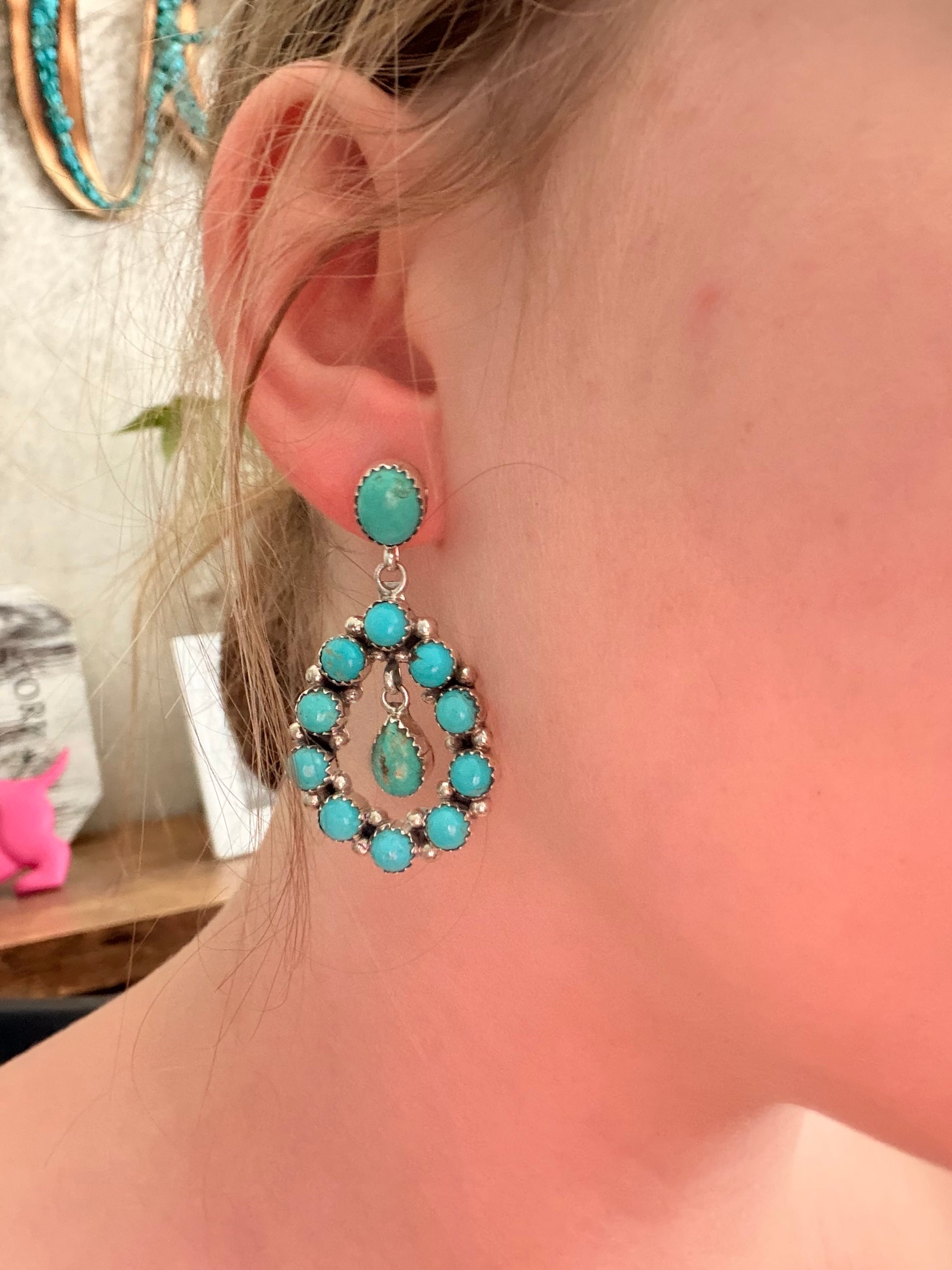 Navajo Made Kingman Turquoise & Sterling Silver Post Dangle Cluster Earring