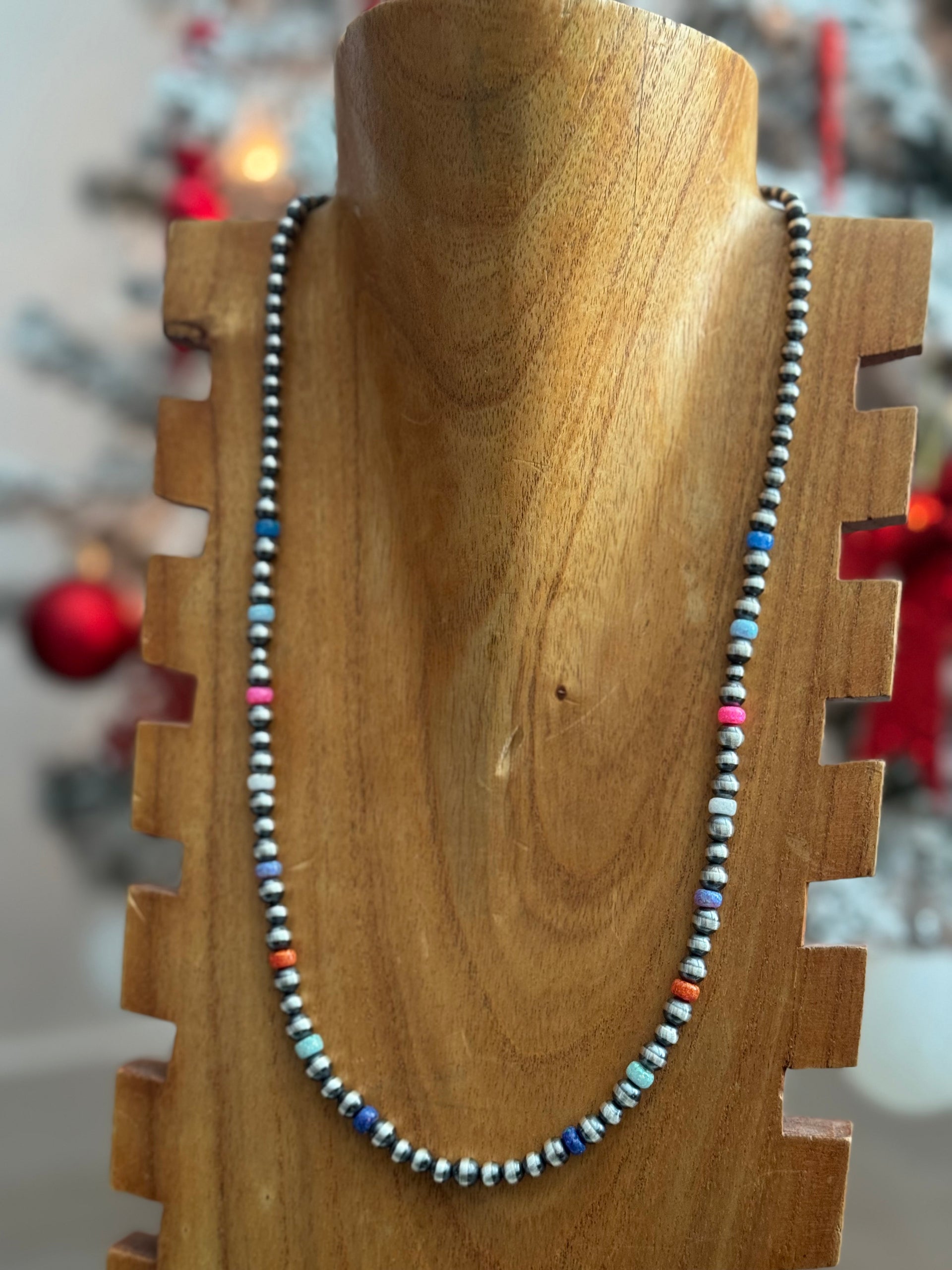 Navajo Strung Opal & Sterling Silver Beaded Pearl Necklace