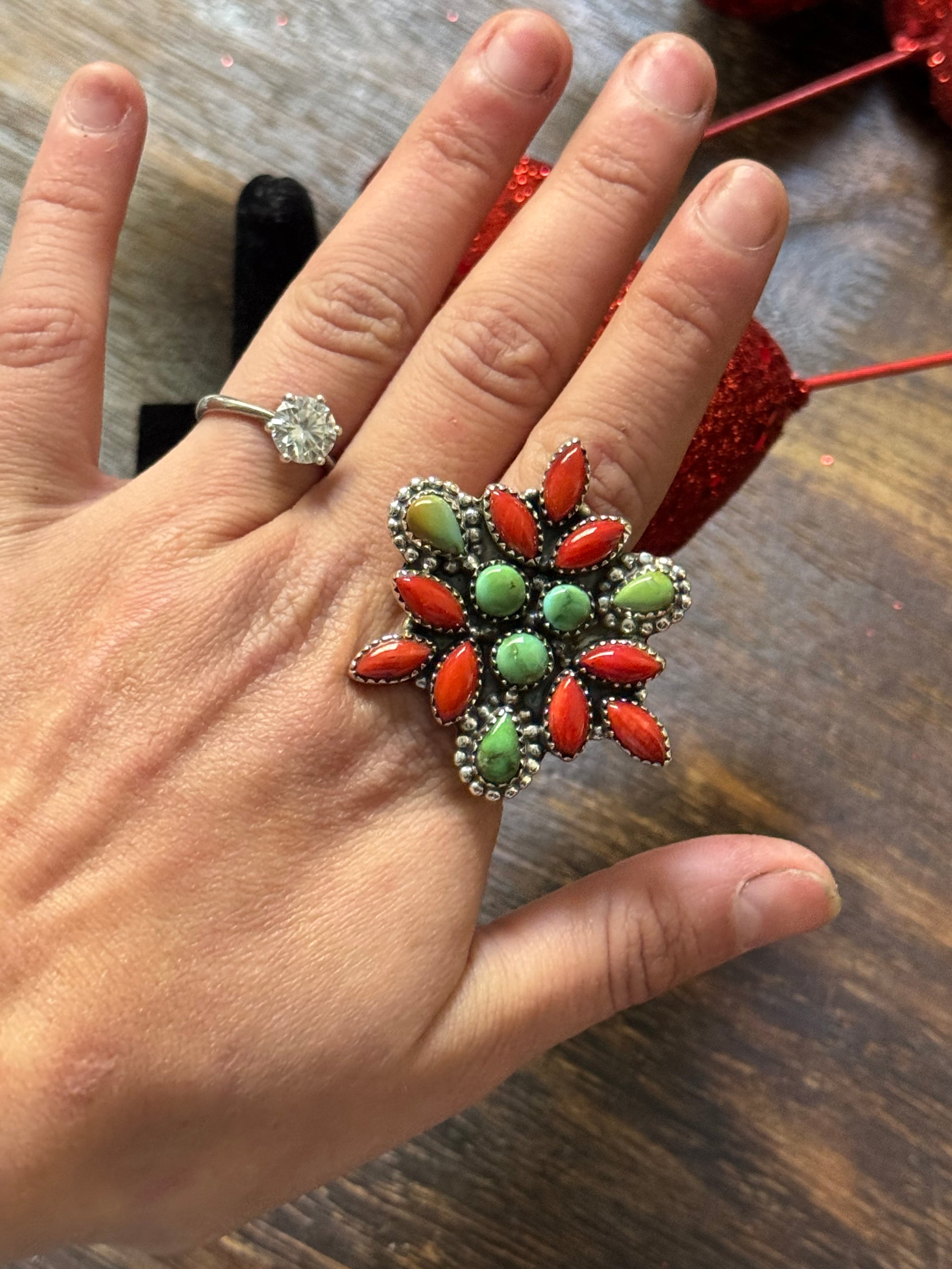 Southwest Handmade Multi Stone & Sterling Silver Adjustable Cluster Ring