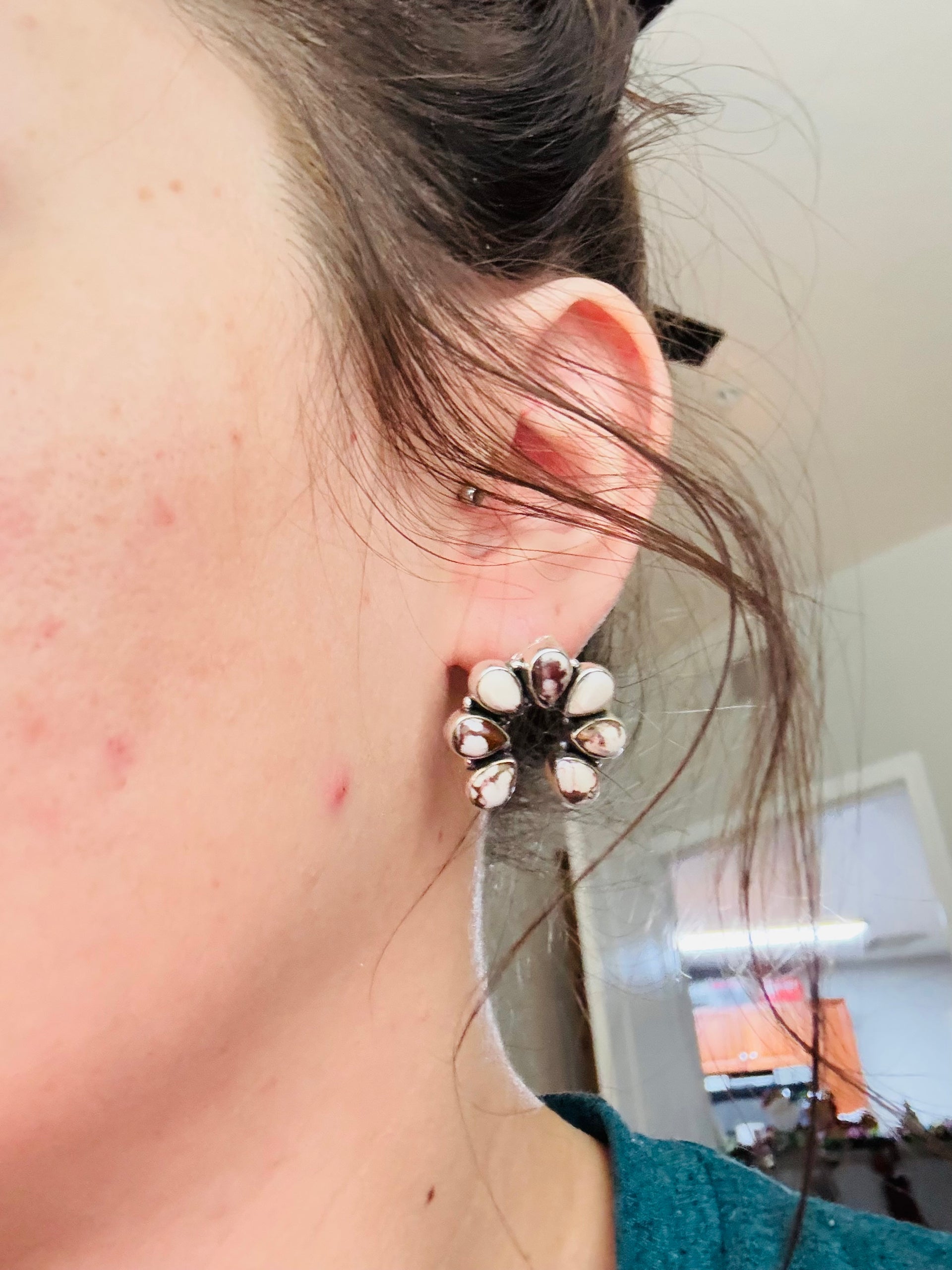 Southwest Handmade Wild Horse & Sterling Silver Post Naja Cluster Earrings