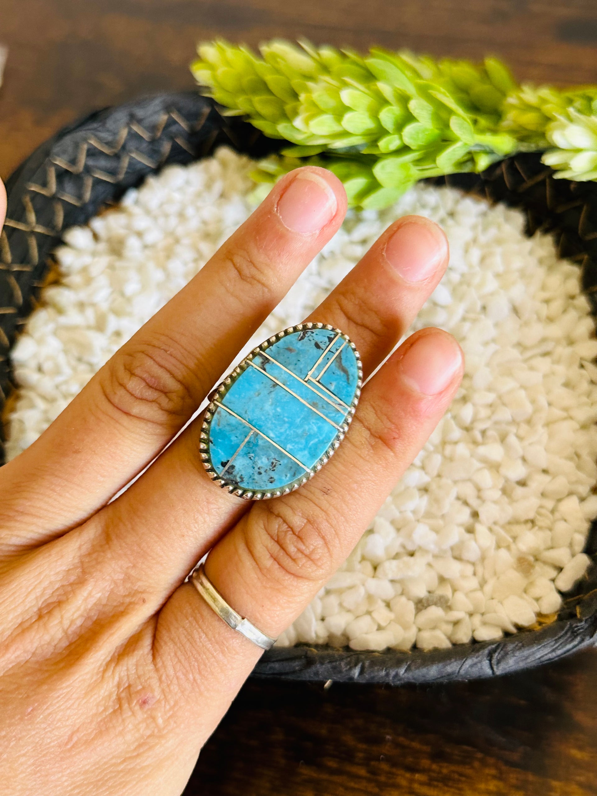Larry Kaye Kingman Turquoise & Sterling Silver Adjustable Inlay Ring