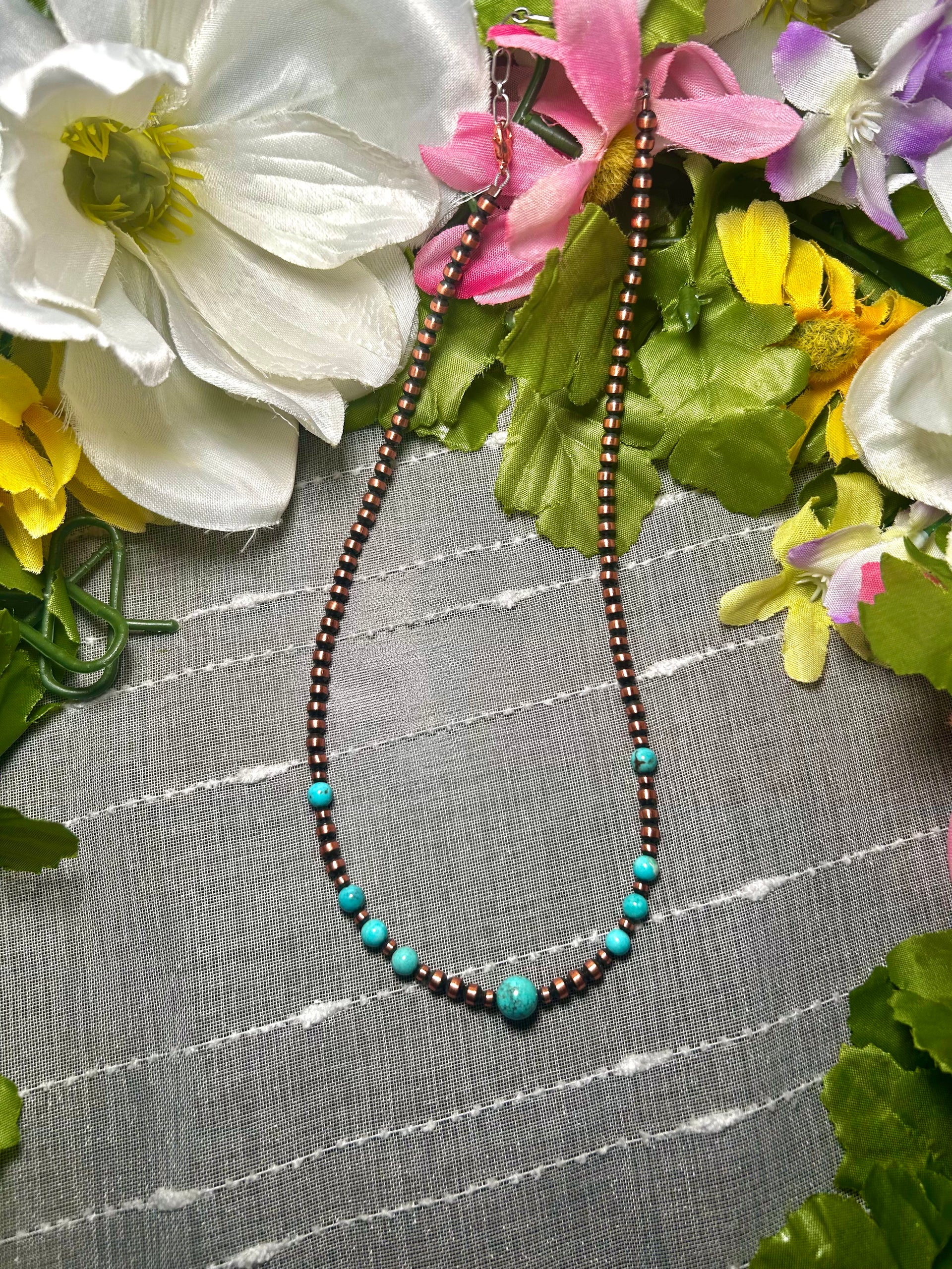 Navajo Made Strung Red Skin Turquoise & Copper Necklace