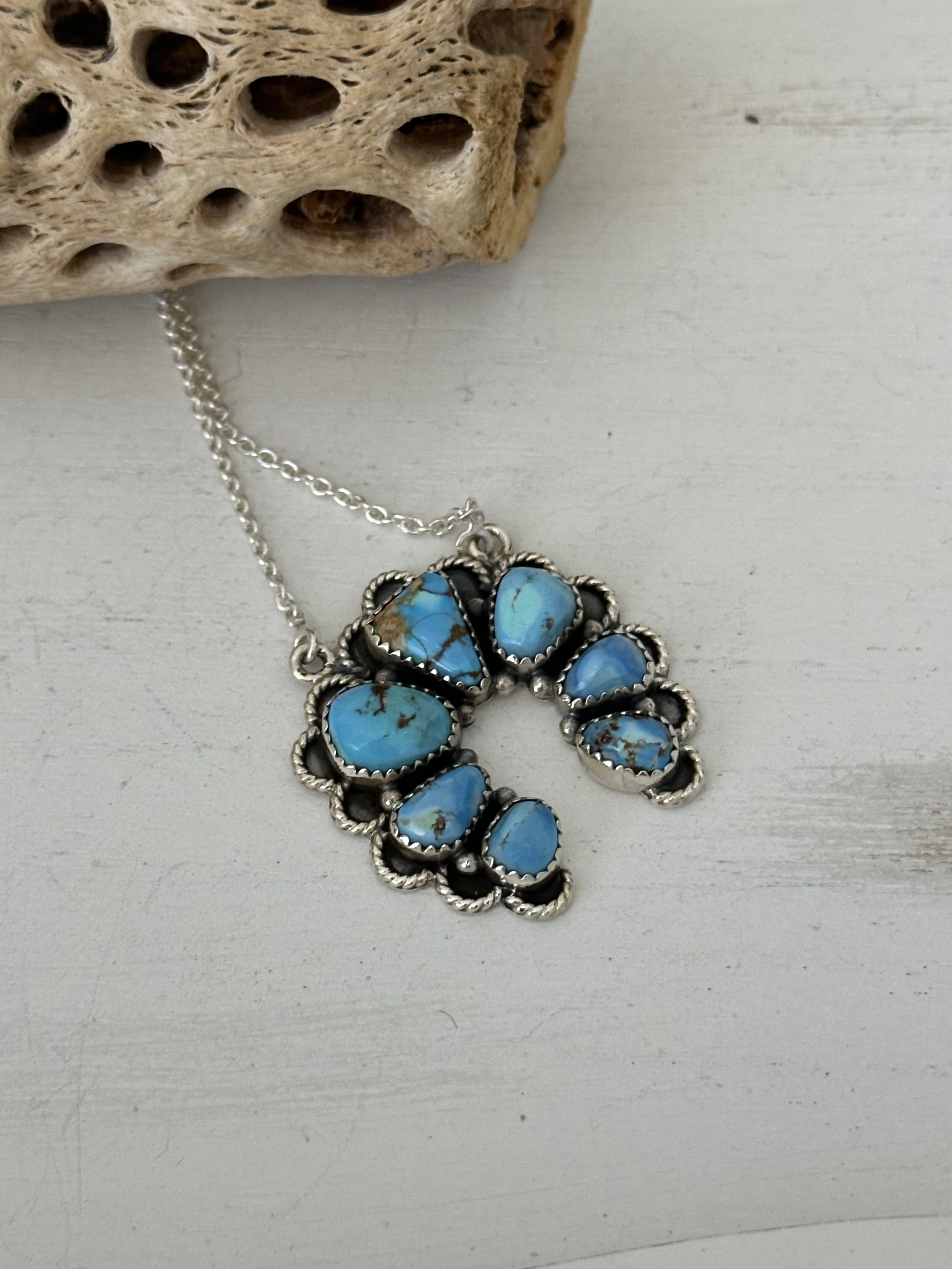 Southwest Handmade Golden Hills Turquoise & Sterling Silver Cluster Naja Necklace