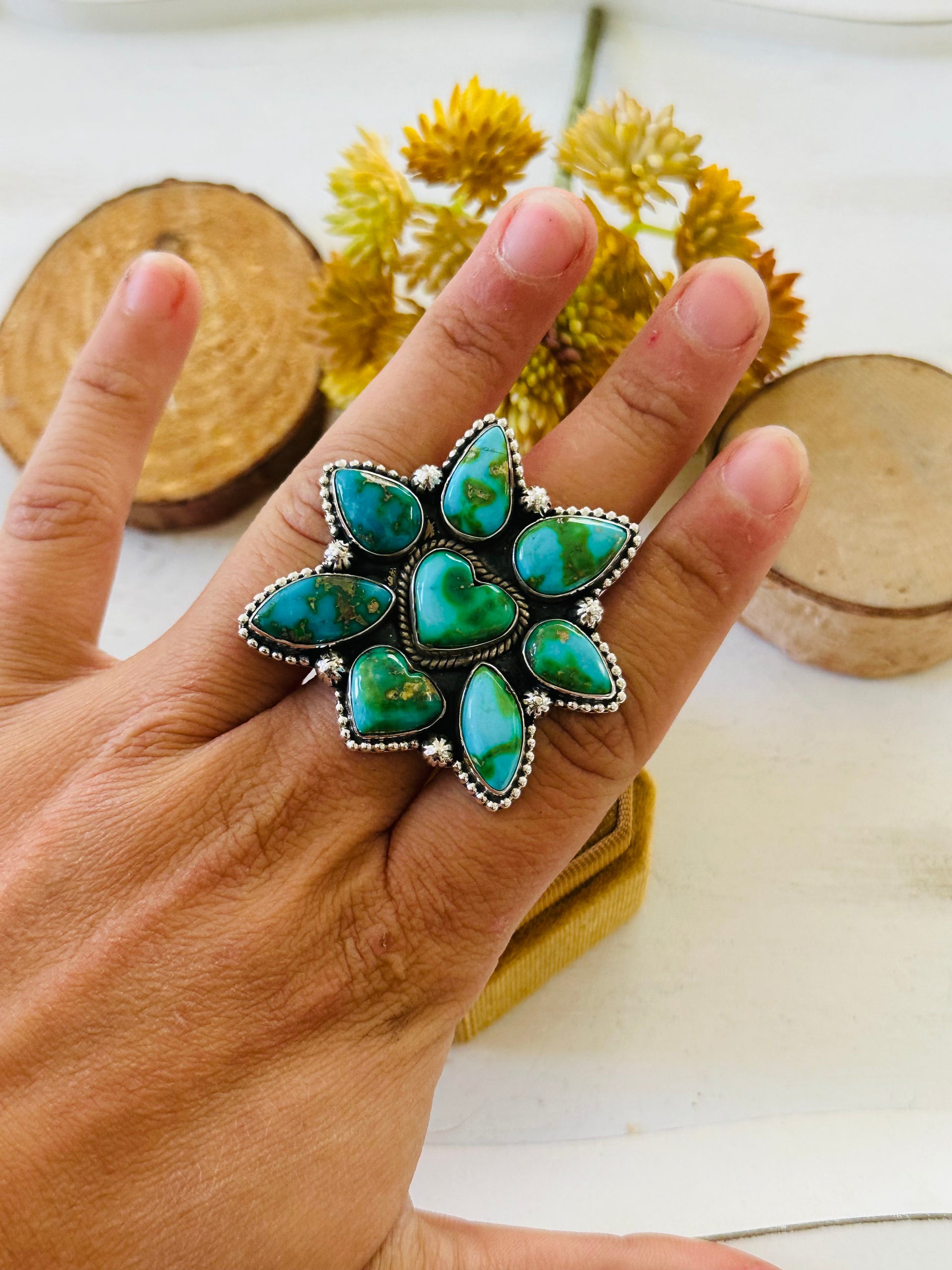 Southwest Handmade Sonoran Mountain Turquoise & Sterling Silver Adjustable Cluster Ring