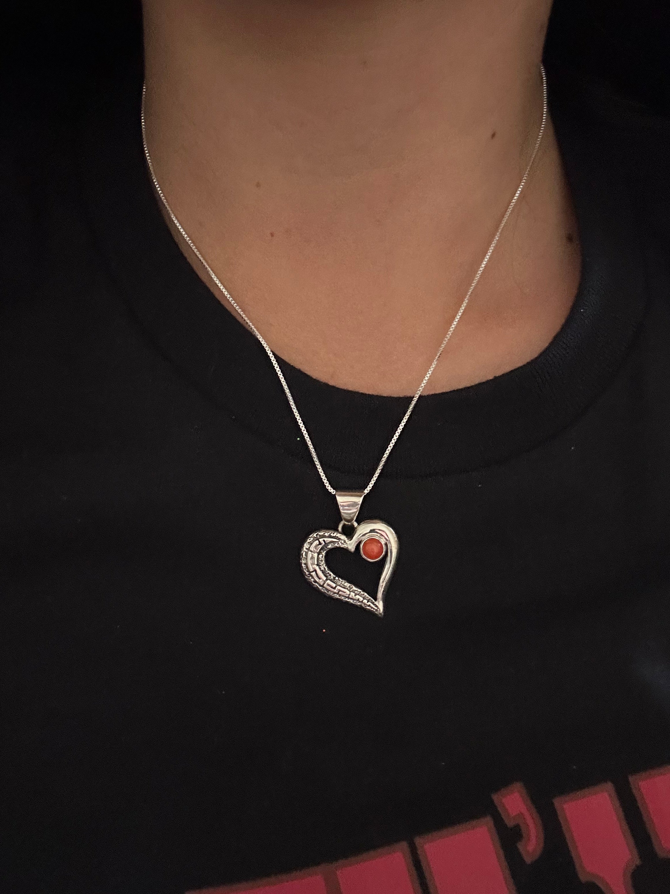 Navajo Made Coral & Sterling Silver Heart Necklace