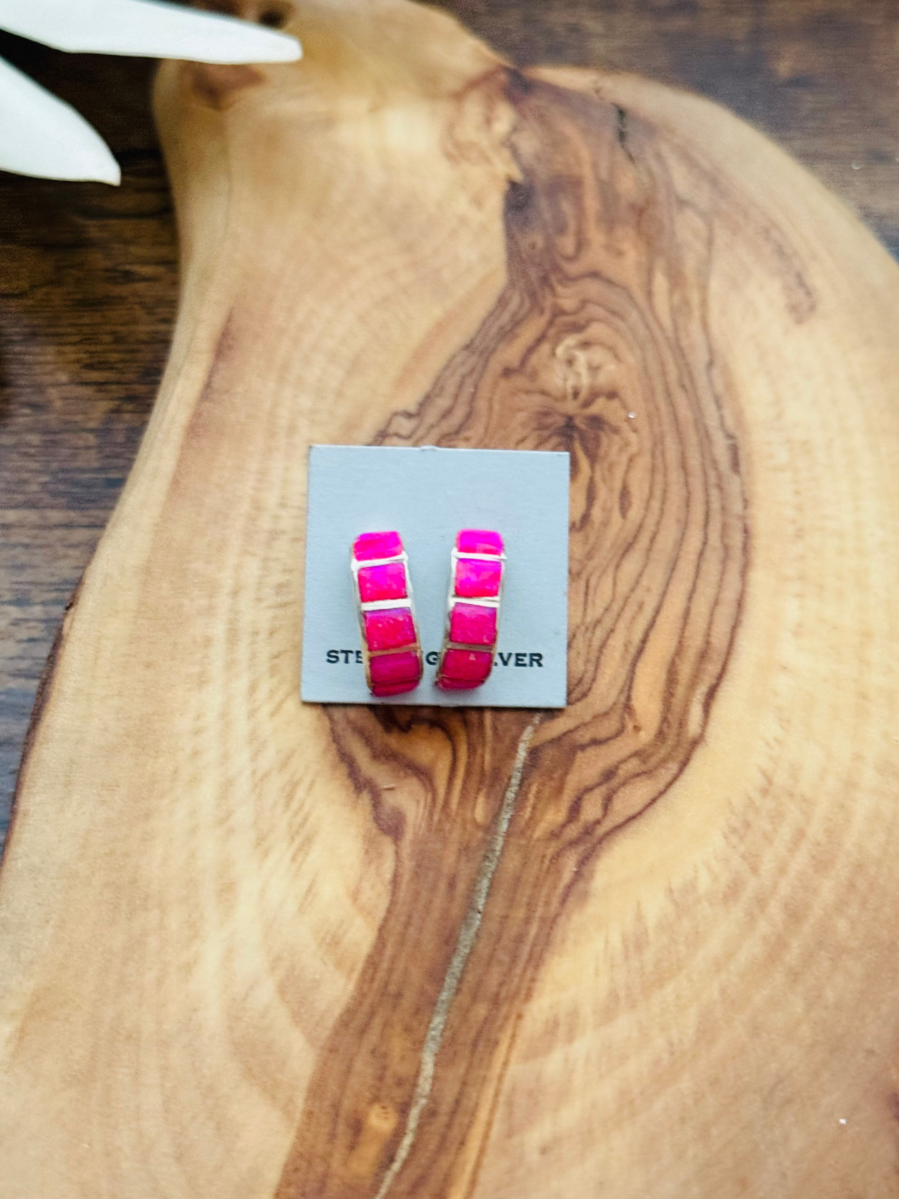 Navajo Made Pink Opal(Manmade) & Sterling Silver Post Hoop Earrings