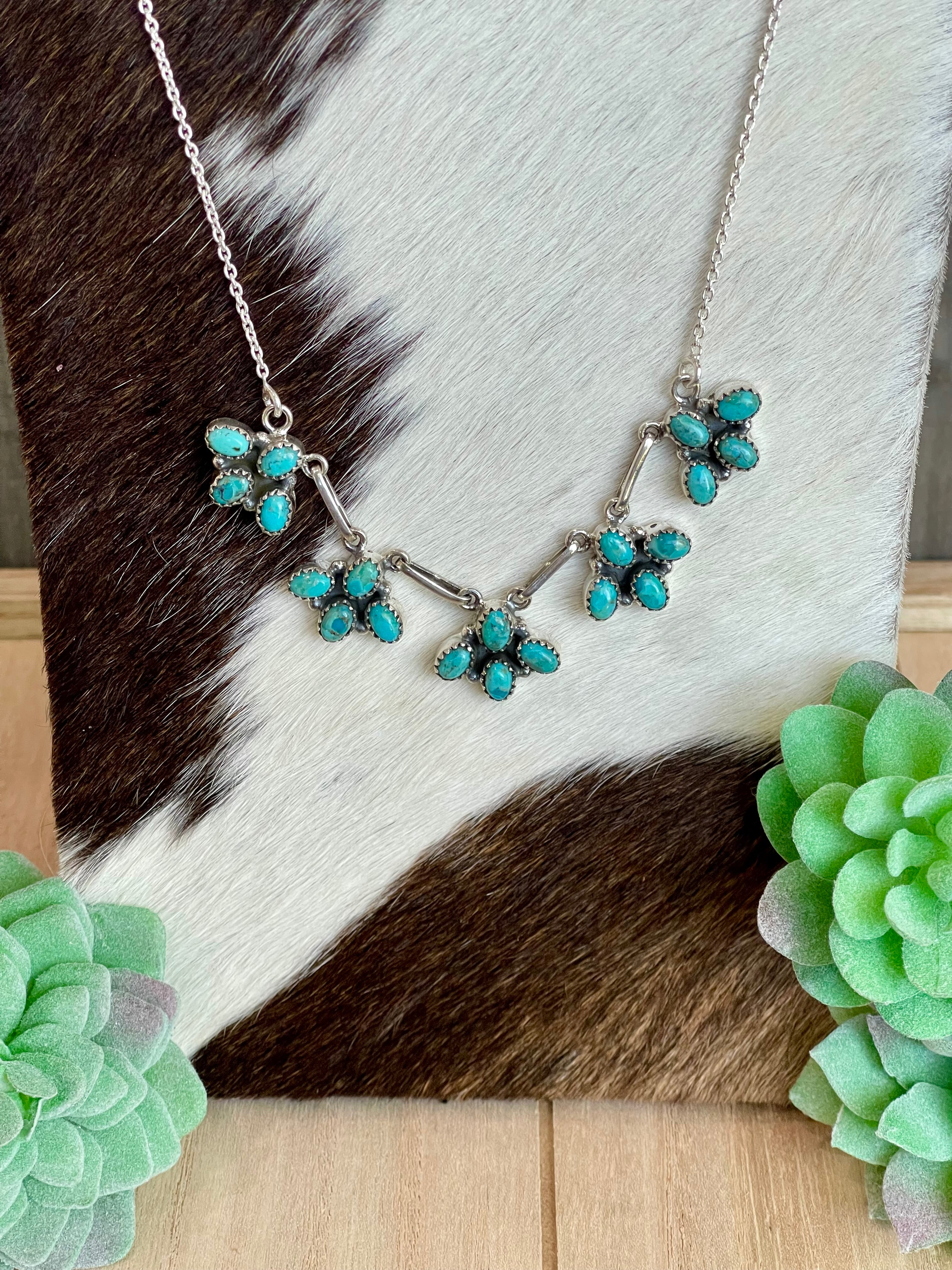 Southwest Handmade Kingman Turquoise & Sterling Silver Cluster  Necklace